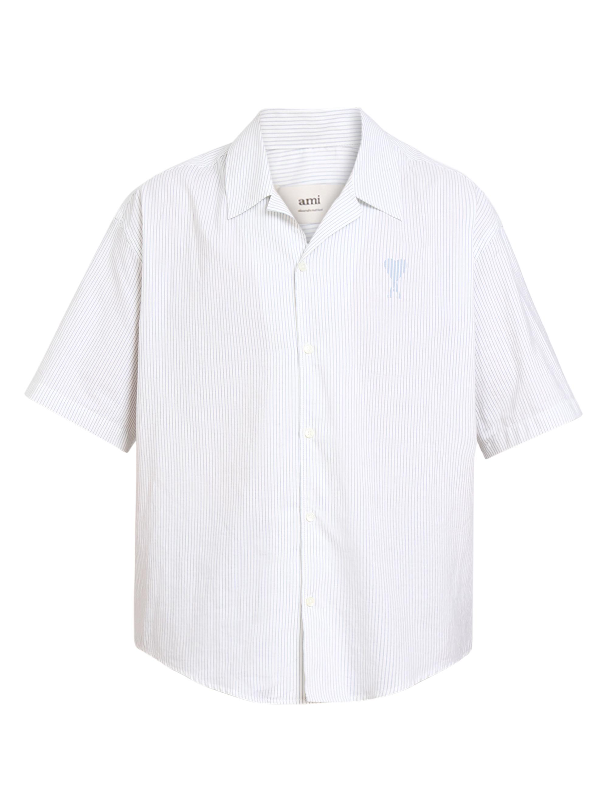 AMI Paris Men's Striped Logo Cotton Camp Collar Shirt - White Blue Note