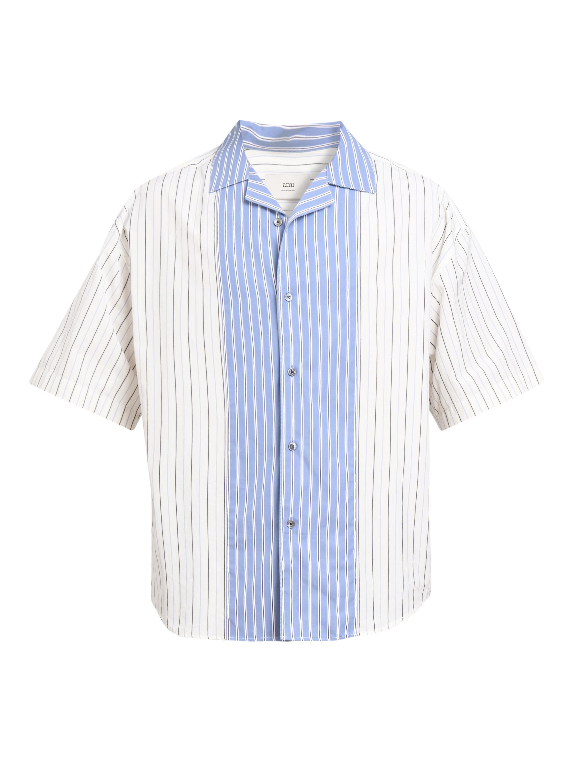 AMI Paris Men's Striped Wool Boxy Shirt - Off White Blue Note Navy