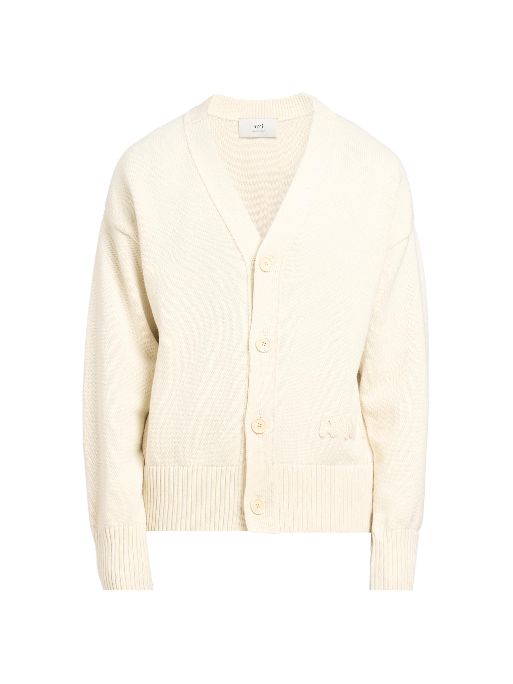 AMI Paris Men's Embroidered Logo Cotton Knit Cardigan - White Cream