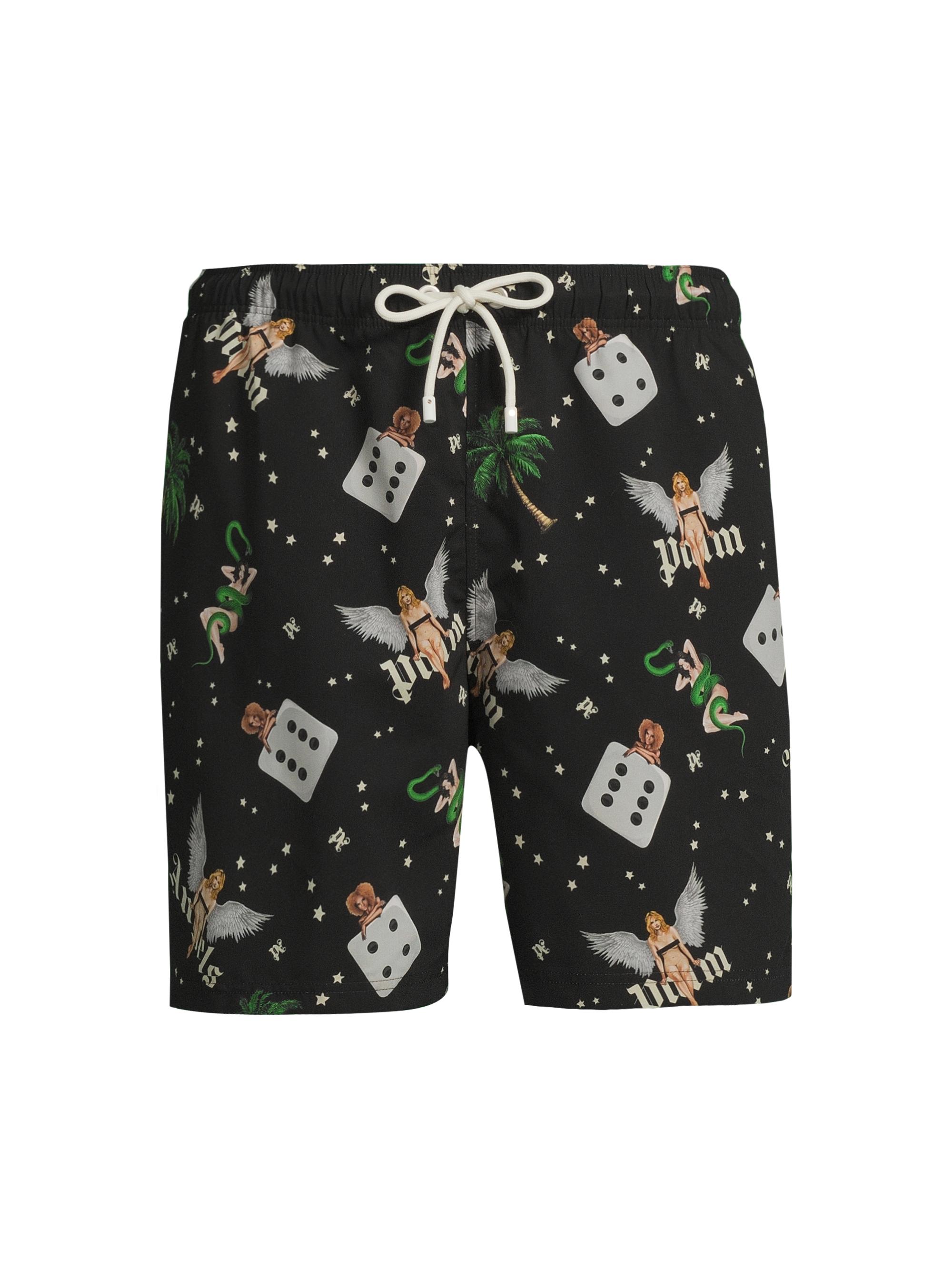 Palm Angels Men's Pin Up Printed Swimshorts - Black Multicolor