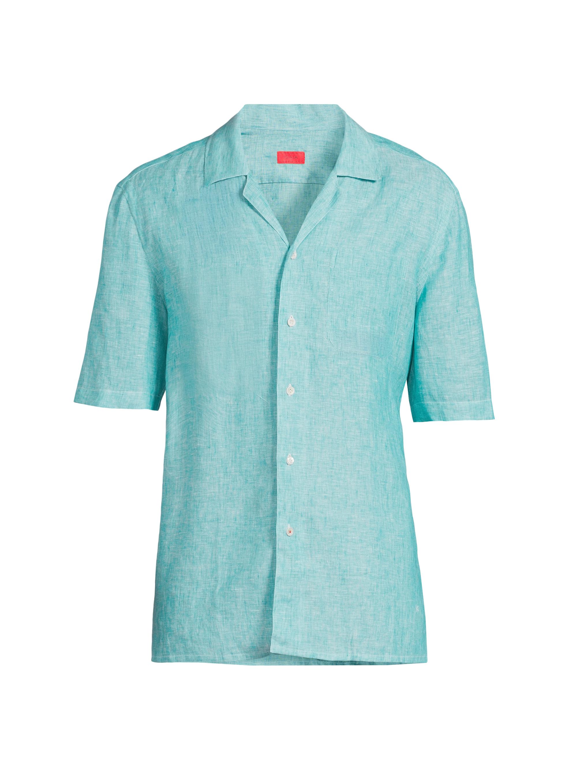 Isaia Men's Linen Slim-Fit Camp Shirt - Aqua Green