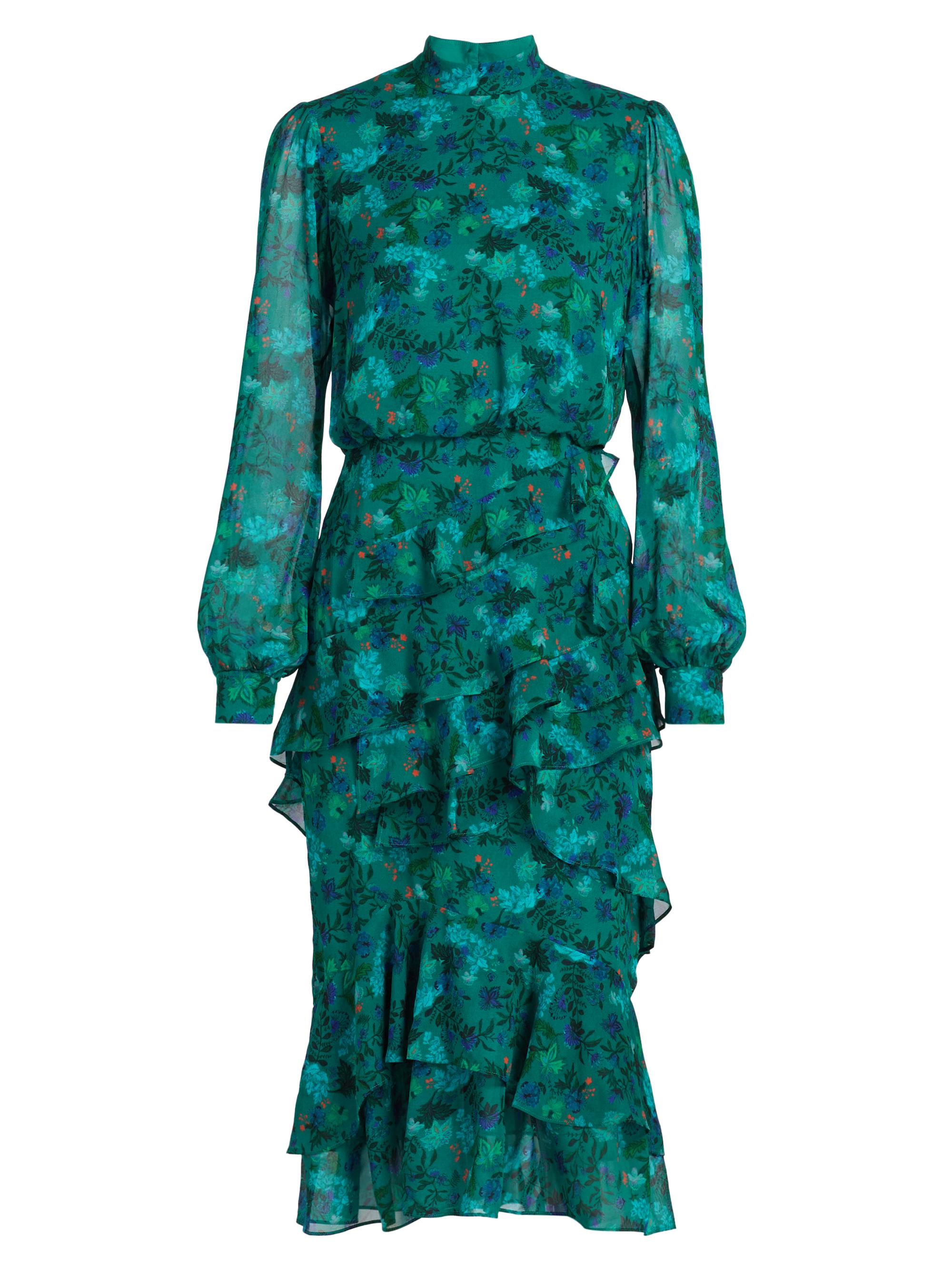 Saloni Women's Isa Ruffle Floral Midi-Dress - Floral Peacock