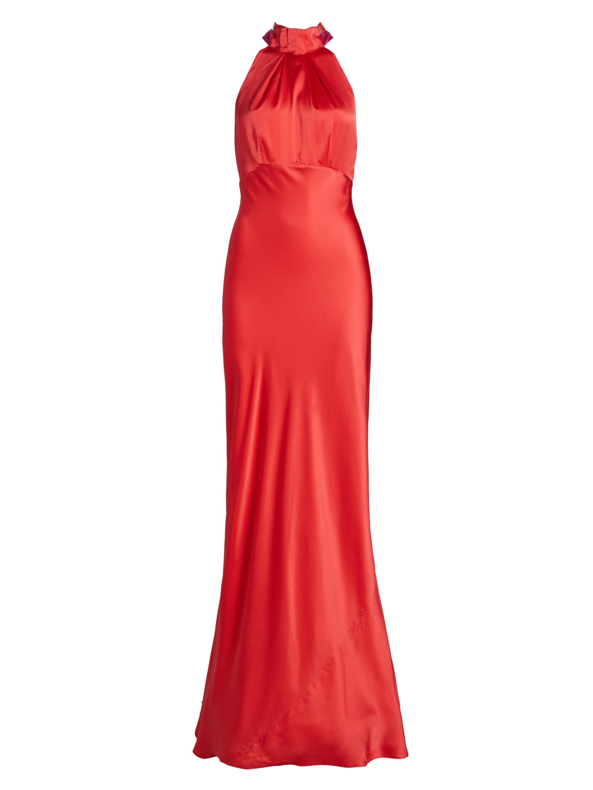 Saloni Women's Michelle Hammered Silk Gown - Hot Coral Rani Pink
