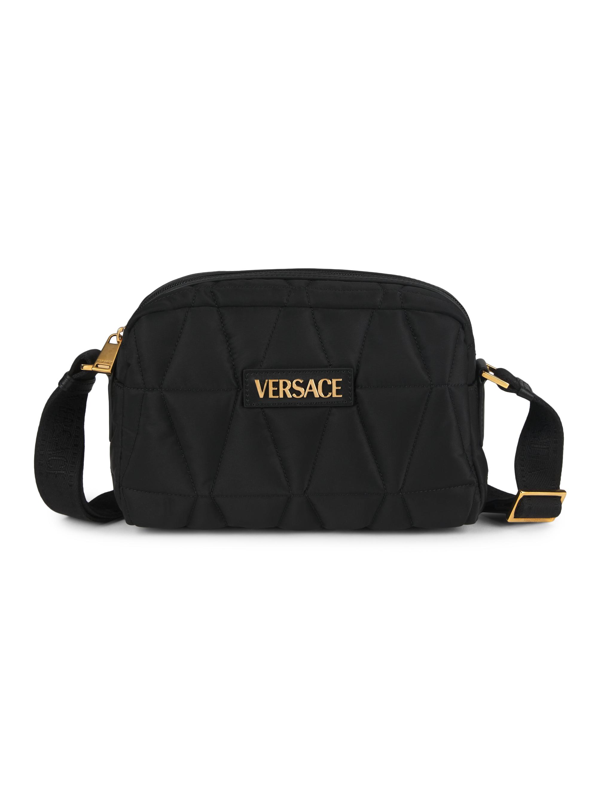 Versace Men's Logo-Accented Quilted Nylon Shoulder Bag - Black  Gold