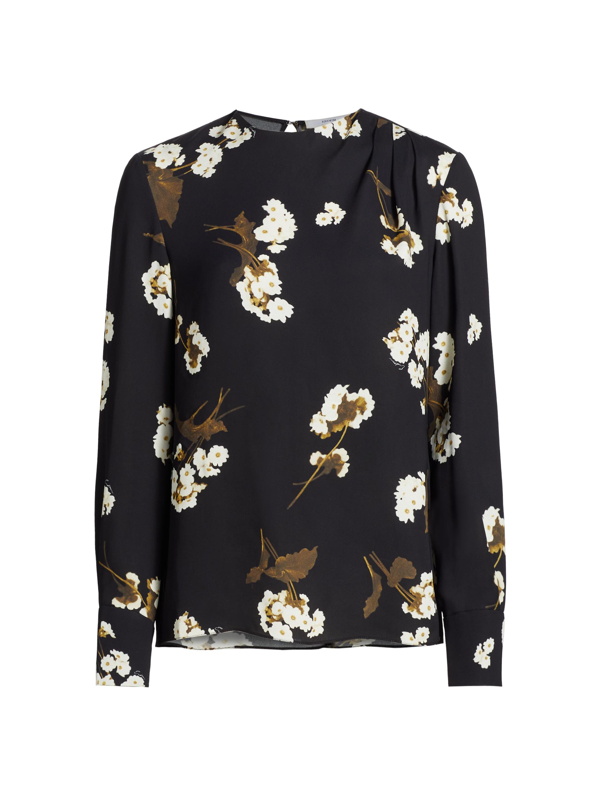 Erdem Women's Floral Drape-Shoulder Top - Elena Garden Black