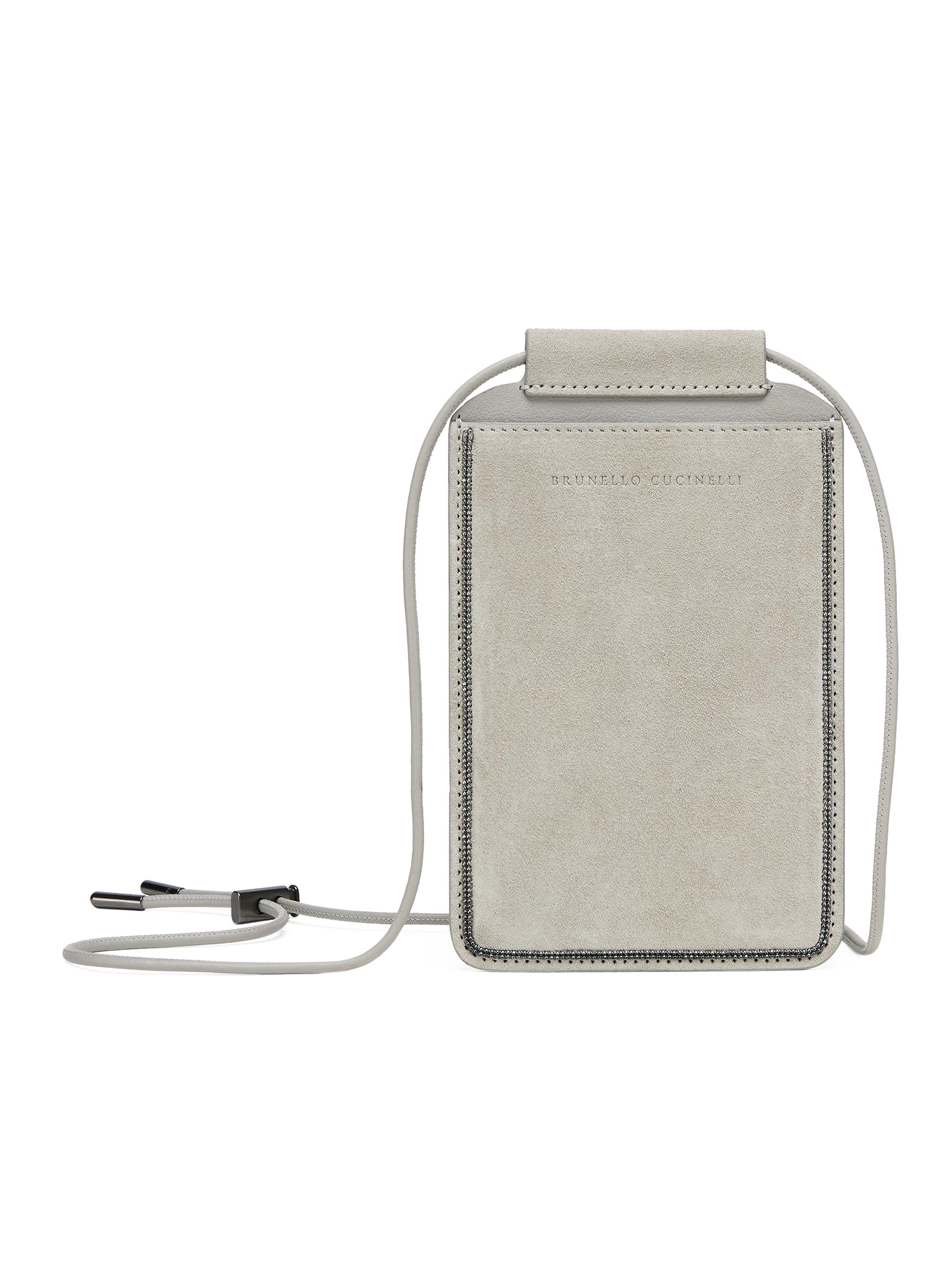Brunello Cucinelli Women's Suede Phone Bag with Shiny Trim - Cool Beige