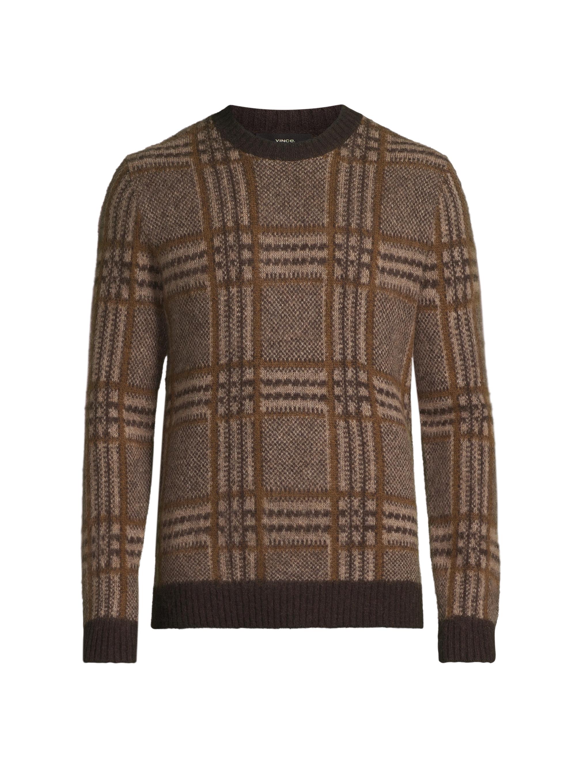 Vince Men's Brushed Glen Plaid Crewneck Sweater - Bristle Khaki Combo