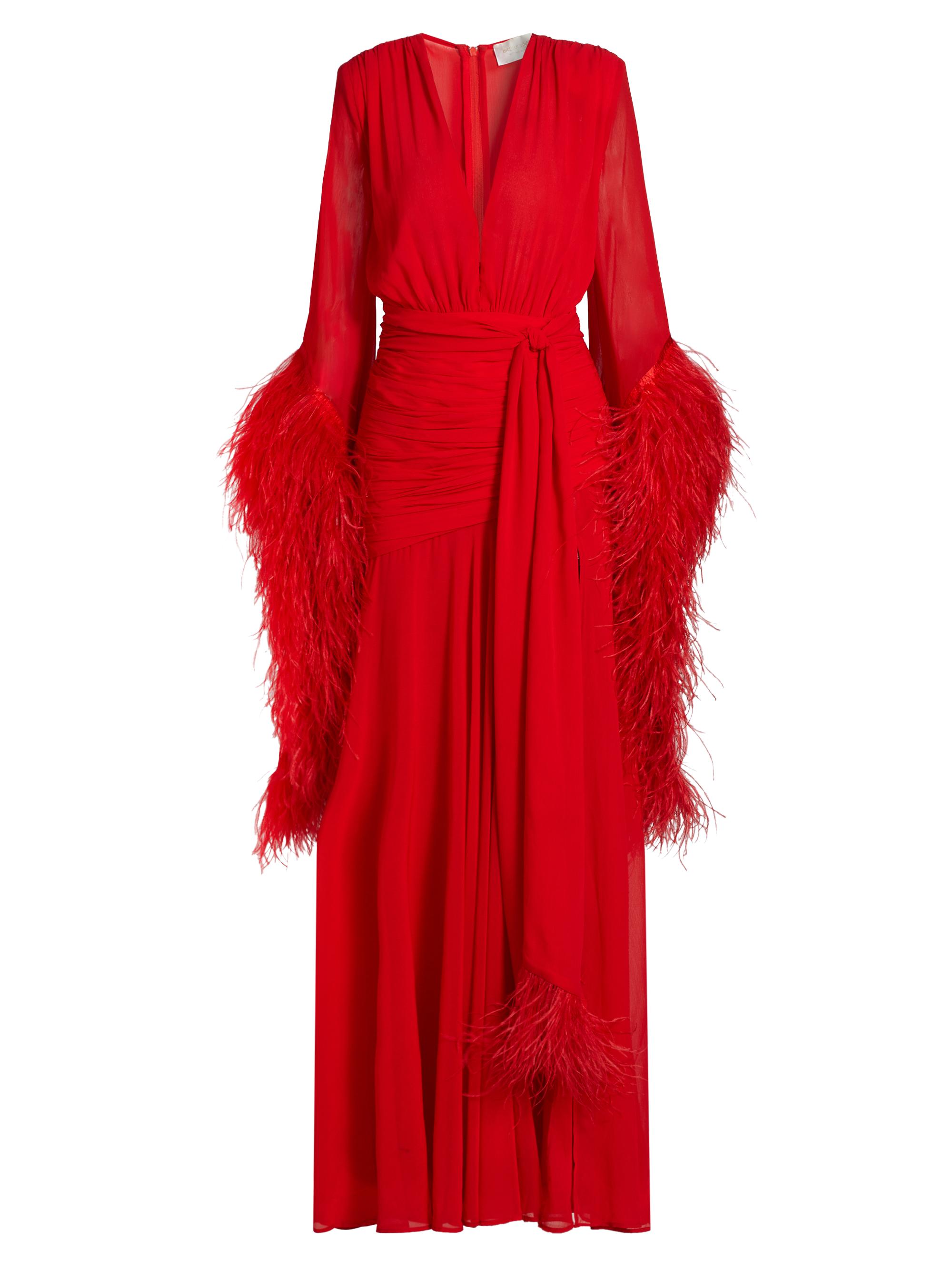 Bronx and Banco Women's Geisha Feather-Trim Silk-Blend Tie-Waist Maxi-Dress - Red