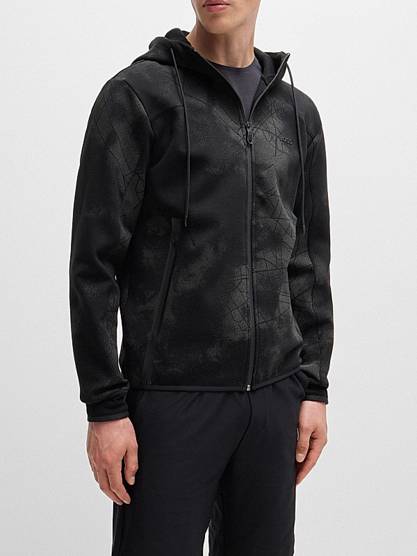Shop BOSS Zip-Up Hoodie with Decorative Reflective Artwork Shop BOSS Zip-Up Hoodie with Decorative Reflective Artwork