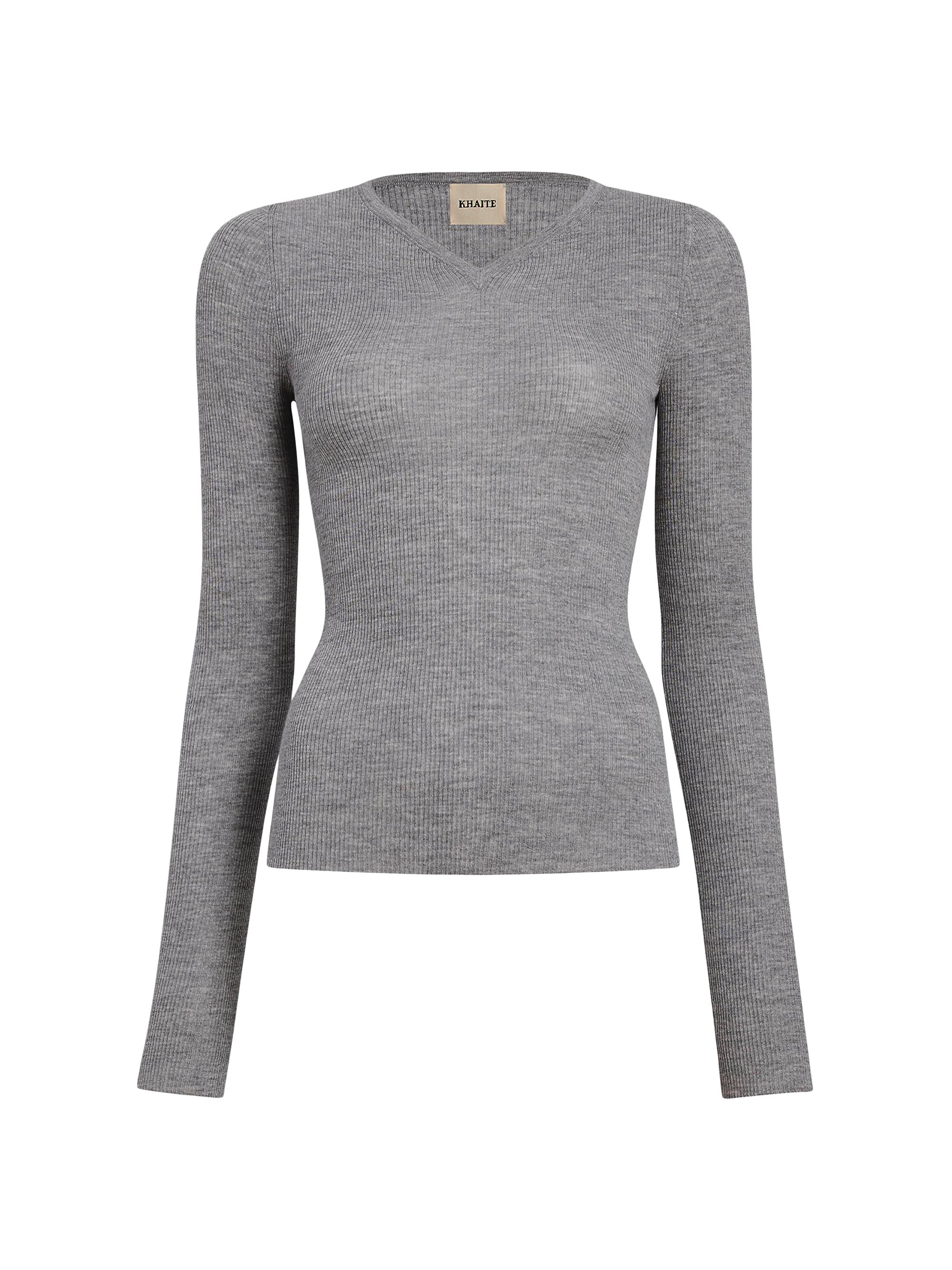 Khaite Women's Tania Ribbed Wool V-Neck Top - Mercury