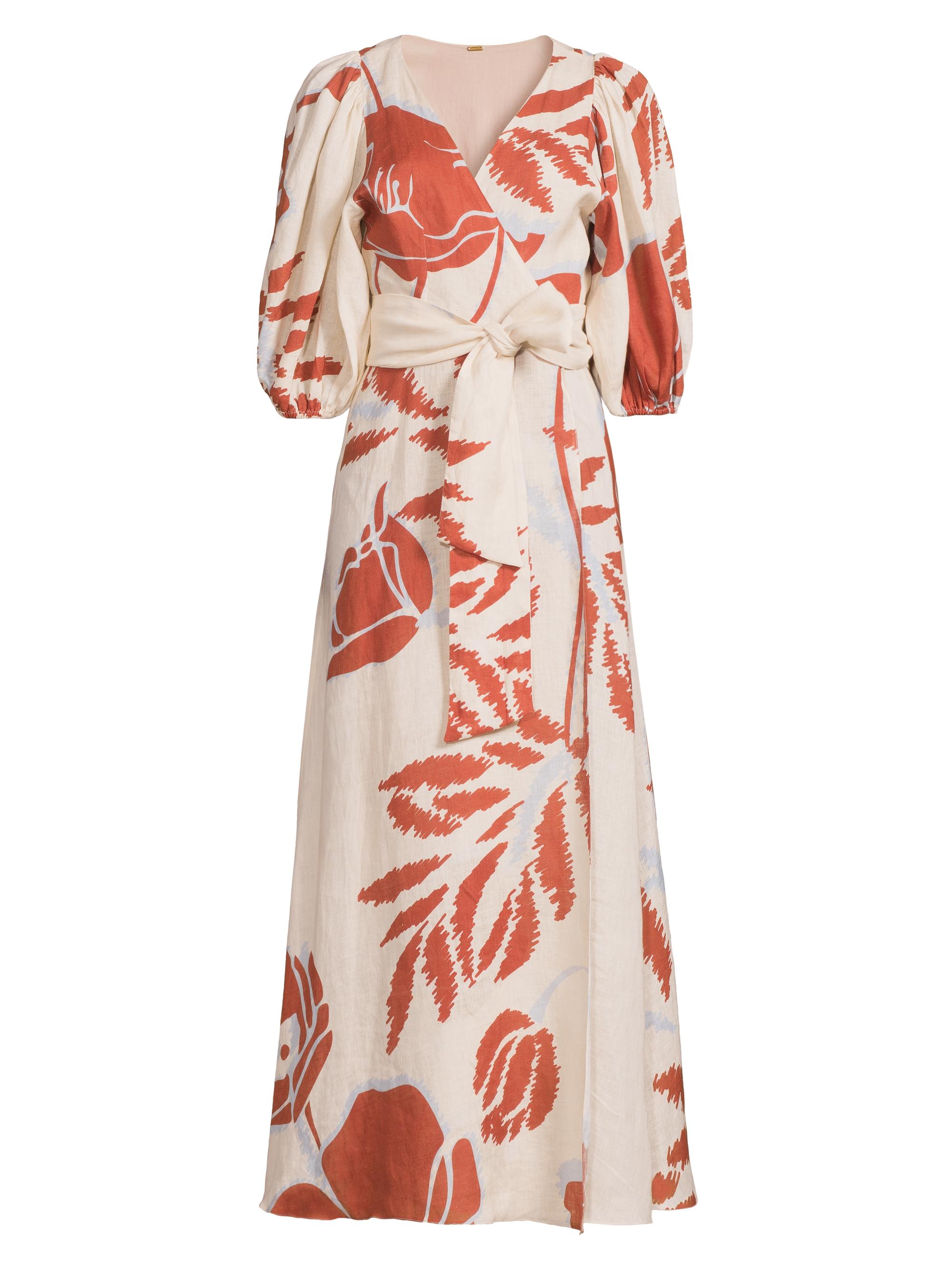 Juan de Dios Women's Ermita Linen Wrap Midi-Dress - Ecru Orange Gladiolos