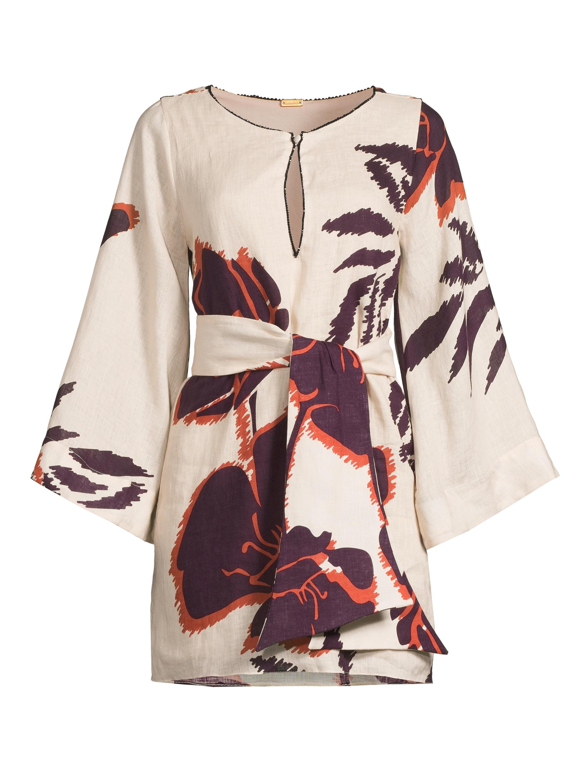 Juan de Dios Women's Nazare Linen Tunic Minidress - Ecru Purple Gladiolos