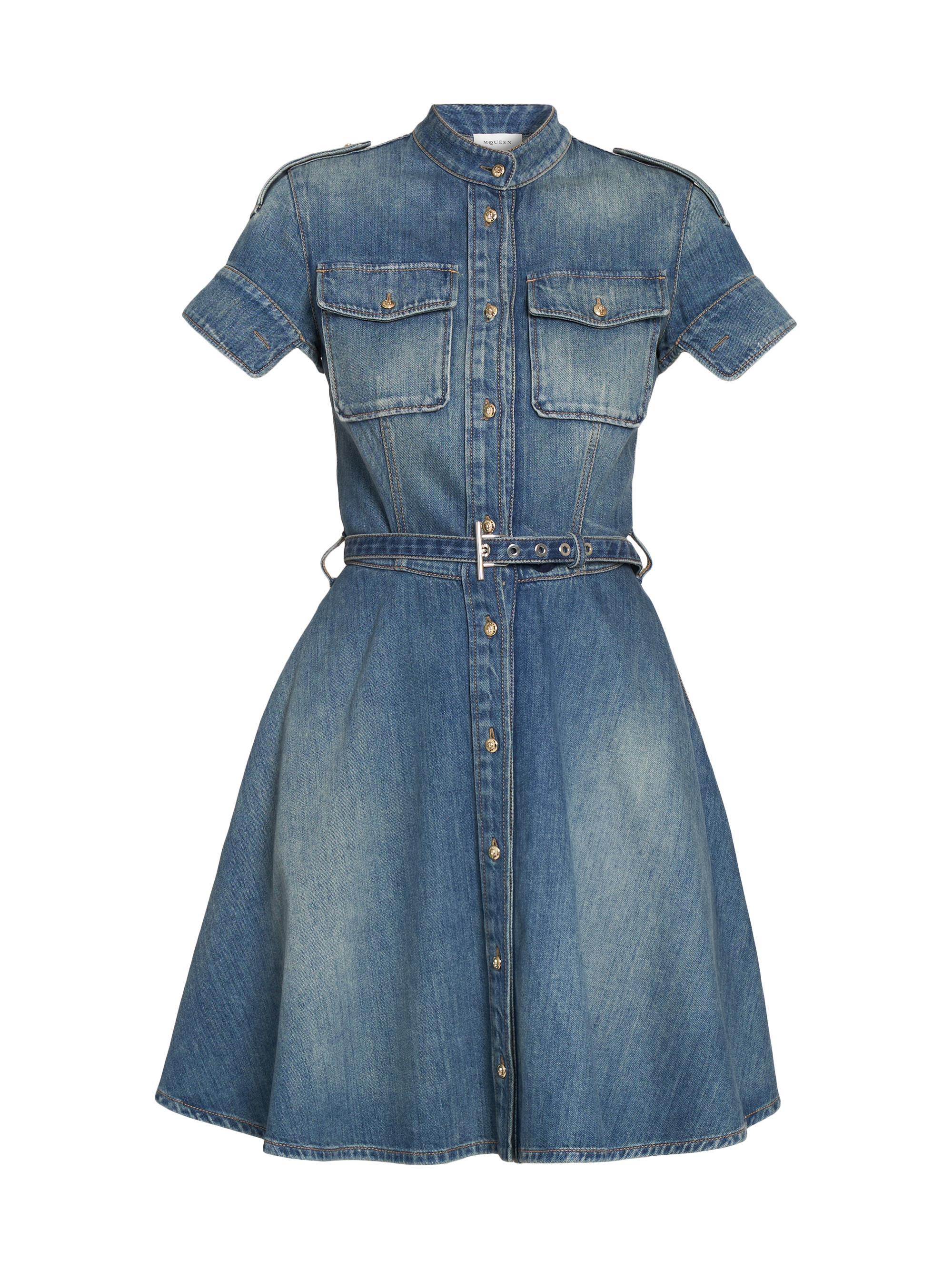 McQueen Women's Denim Belted Fit & Flare Minidress - Indigo Stone Washed