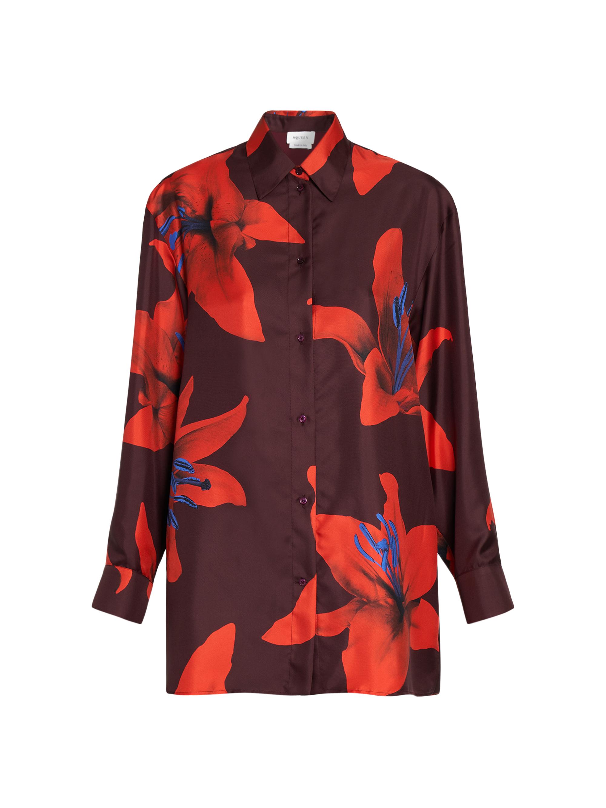 McQueen Women's Flame Lily Silk Oversized Button-Front Shirt - Burgundy Fire Red