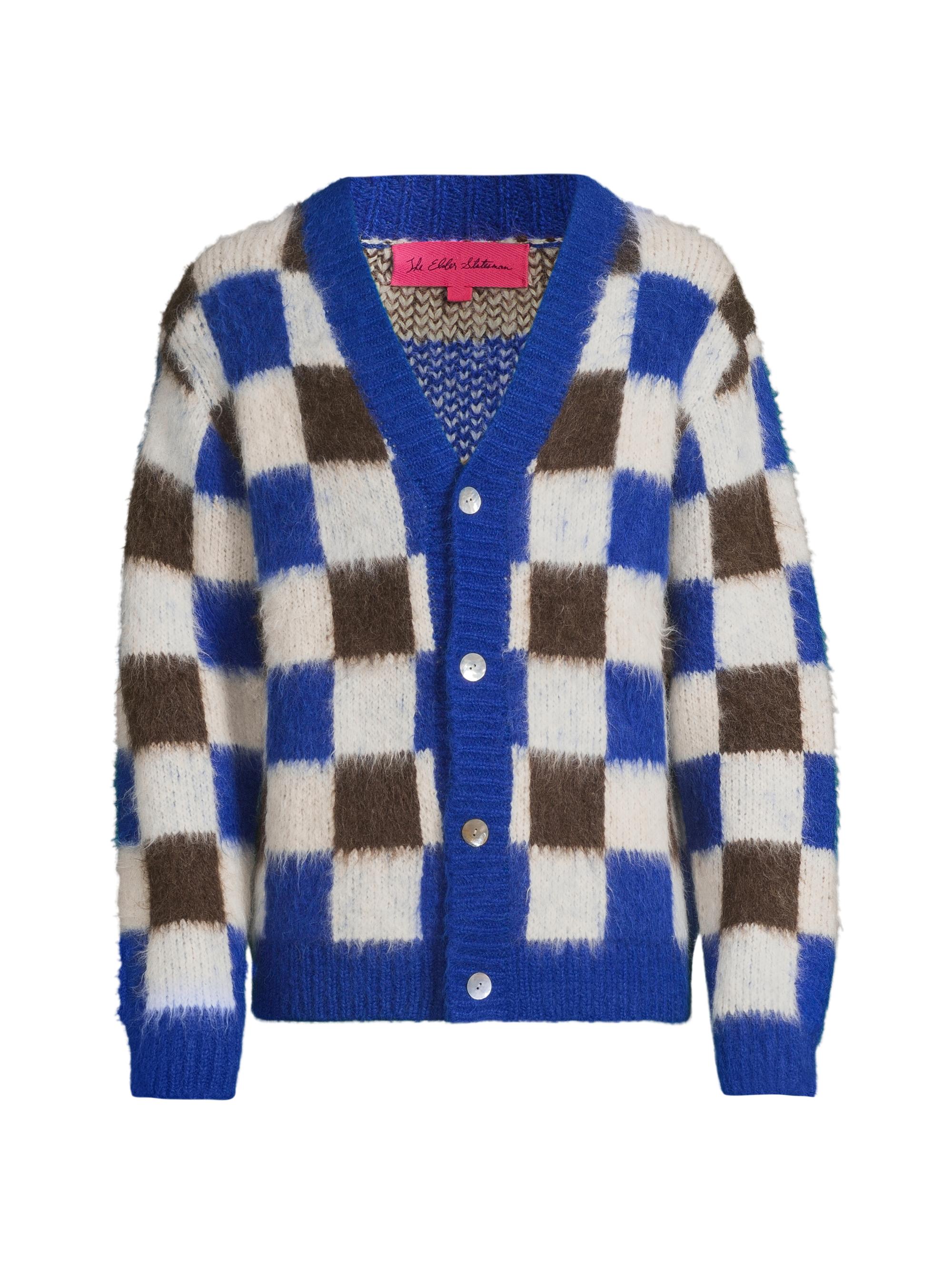 The Elder Statesman Men's Thistle Gingham Alpaca Knit Cardigan - Brunette Sapphire White