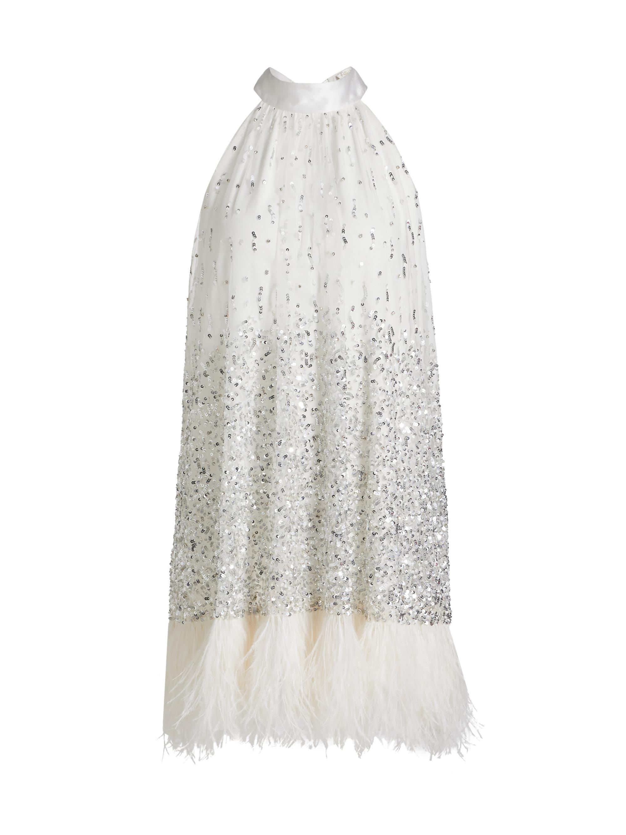 Alice + Olivia Women's Erna Sequined Feather-Trim Halterneck Minidress - Off White