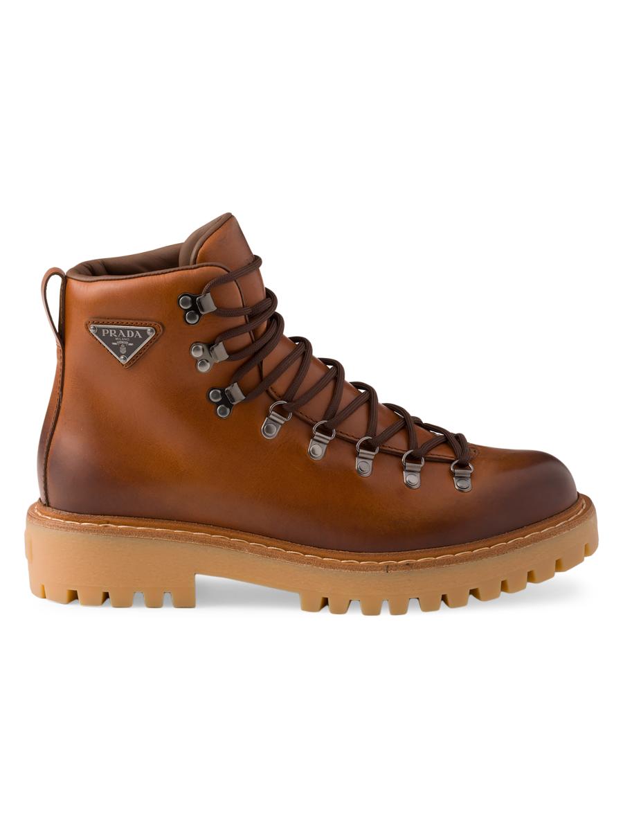 PRADAブーツ 新作*PRADA*ロゴ入レザー&ナイロンミドルブーツ 8.5cmヒール