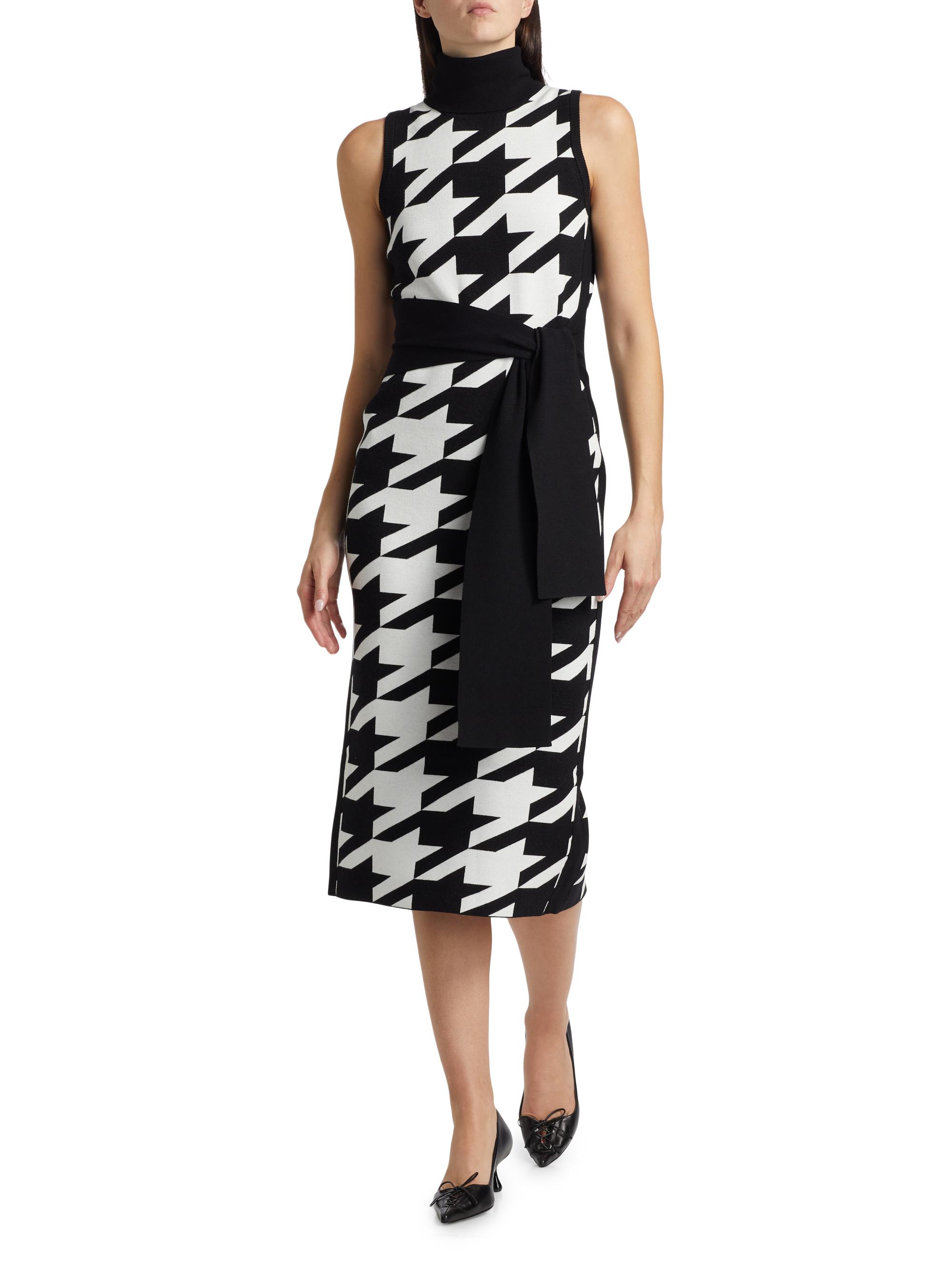 Toccin Peggy Houndstooth Turtleneck Tie-Waist Midi-Dress