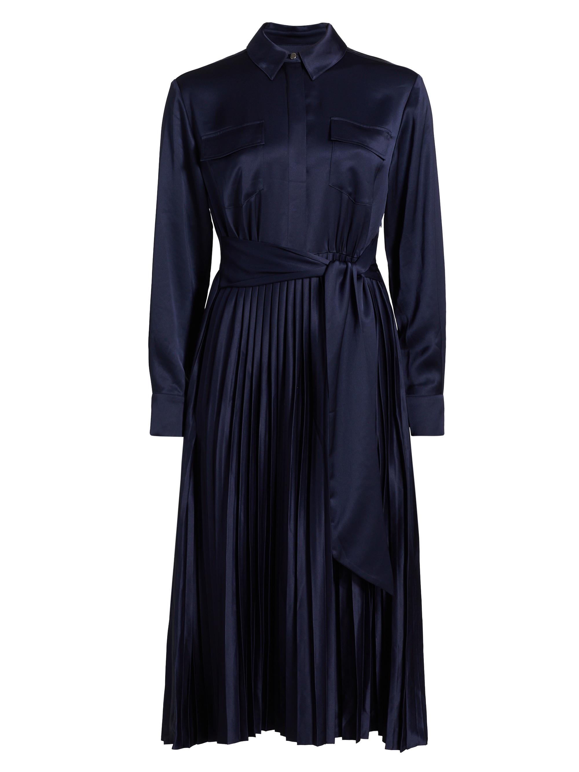 Toccin Women's Jessie Satin Pleated Tie-Front Shirtdress - Navy