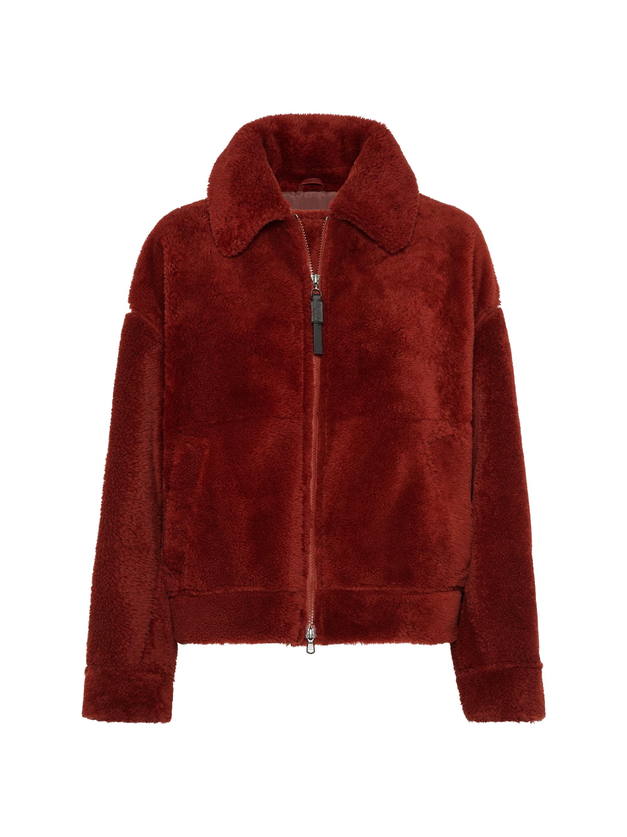 Brunello Cucinelli Women's Curly Shearling Outerwear Jacket with Shiny Zipper Pull - Ruby