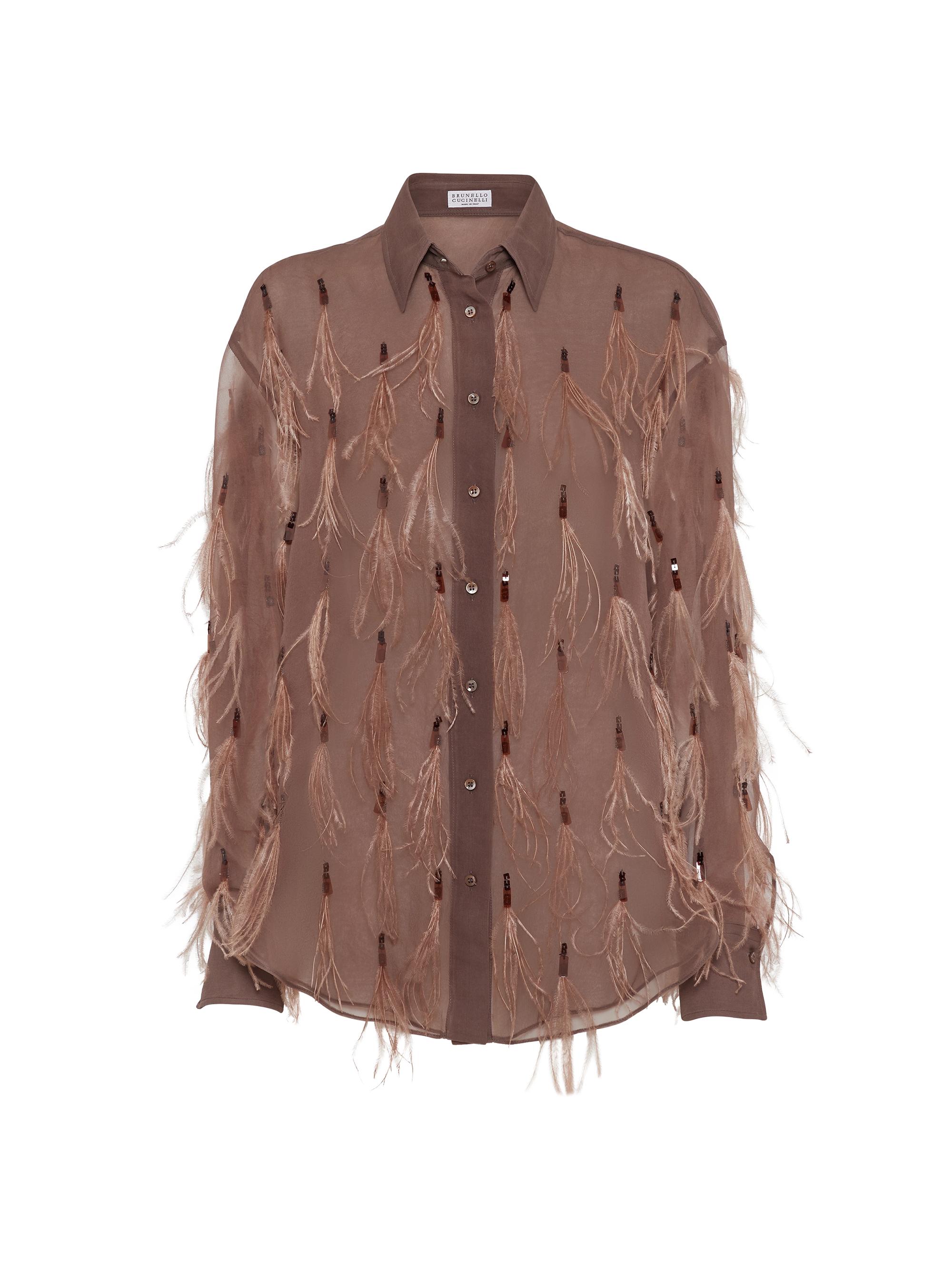 Brunello Cucinelli Women's Crispy Silk Shirt with Dazzling Feather Embroidery - Brown