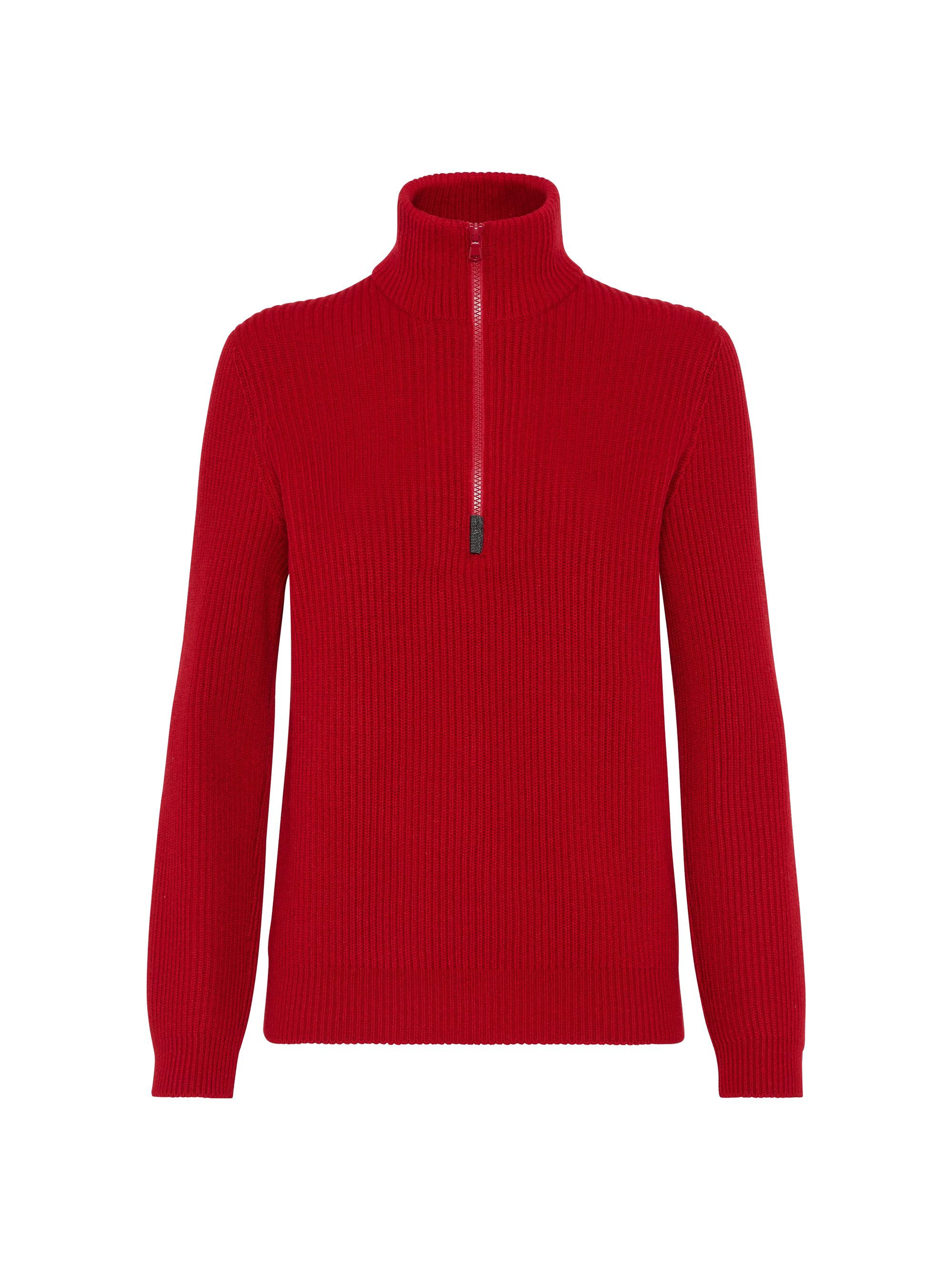 Brunello Cucinelli Women's Cashmere English Rib Sweater with Half Zip and Shiny Detail - Red