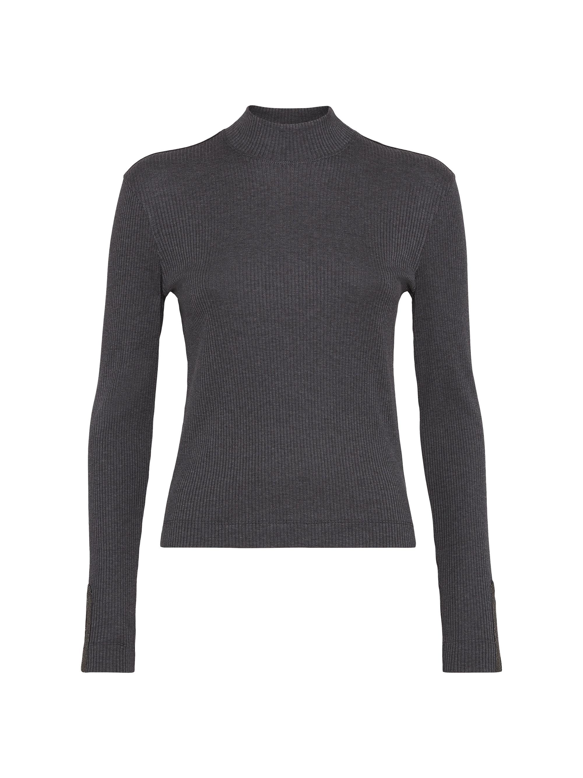 Brunello Cucinelli Women's Cotton Ribbed Jersey Top with Precious Cuff Detail - Anthracite