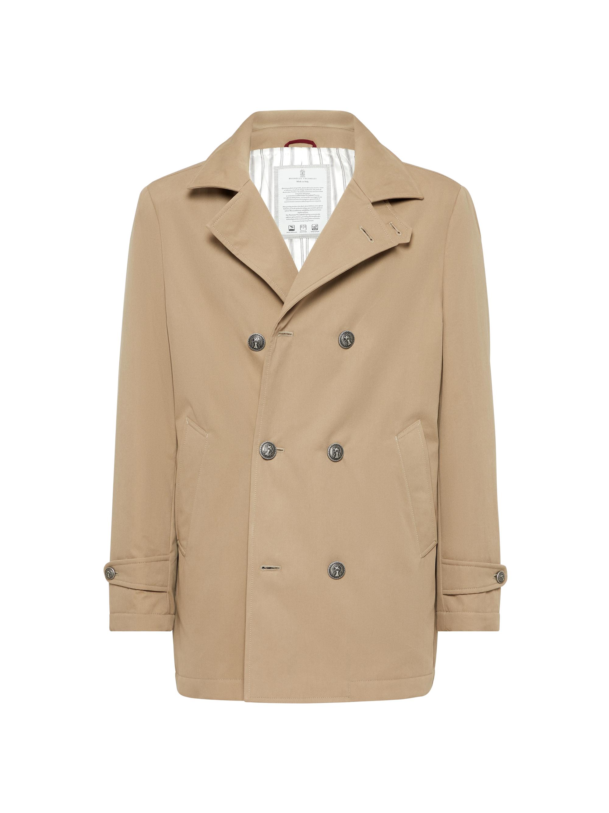 Brunello Cucinelli Men's Techno Cotton Gabardine Pea Coat with Thermore Padding and Metal Buttons - Light Brown