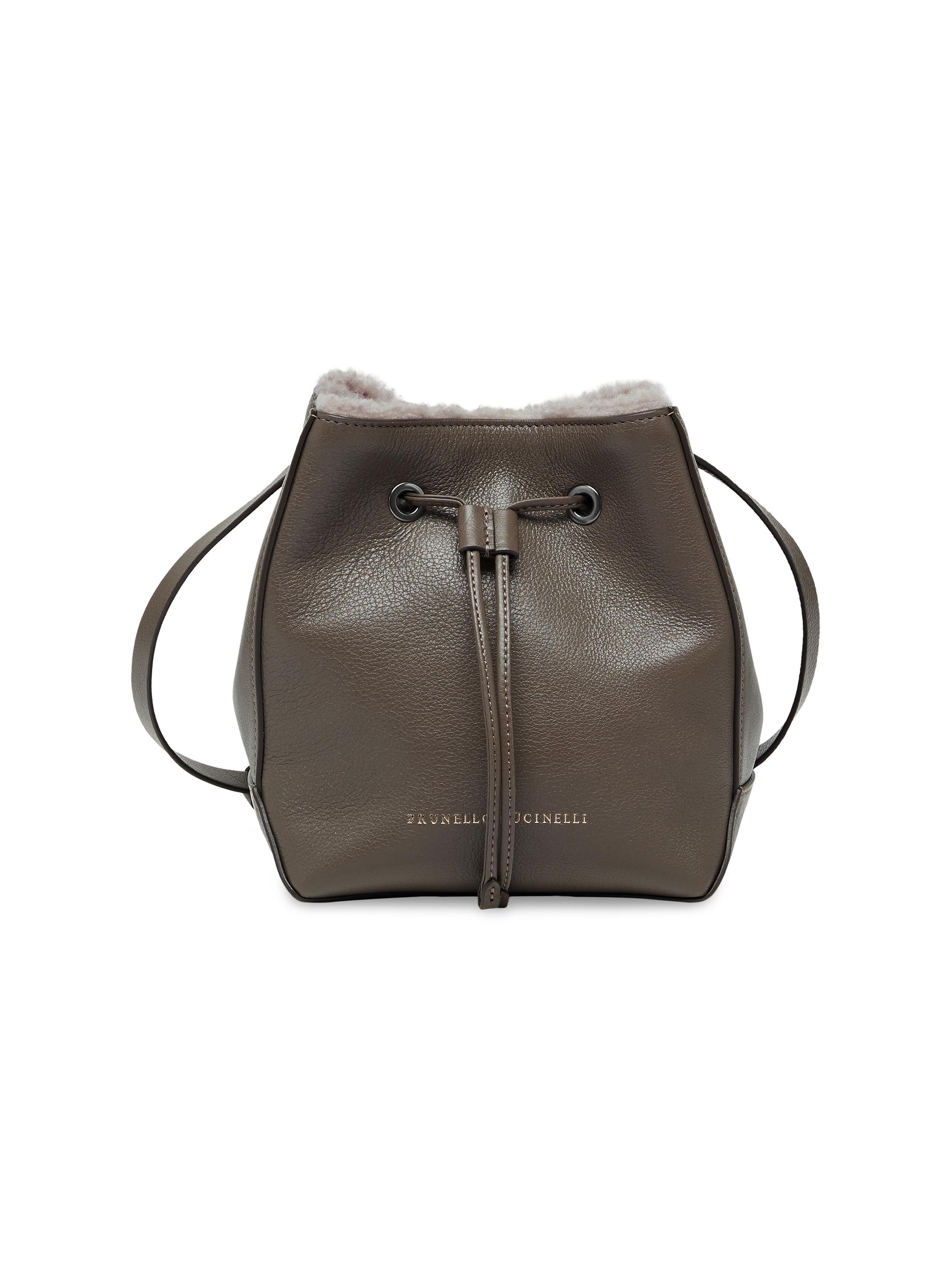 Brunello Cucinelli Women's Duo  Bucket Bag in Classic Leather with Monili - Mud
