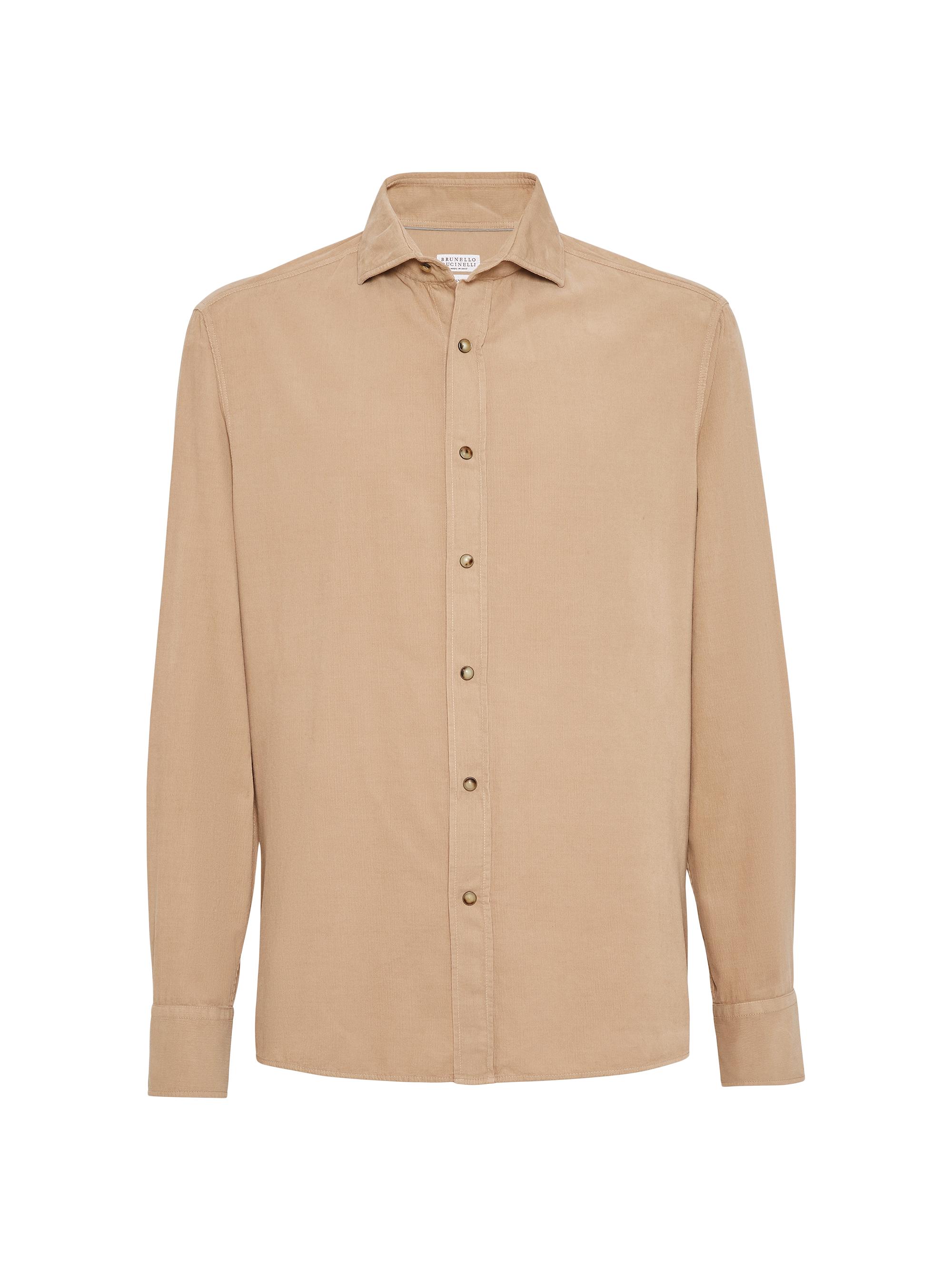 Brunello Cucinelli Men's Garment Dyed Narrow Wale Corduroy Shirt with Snap Buttons - Camel