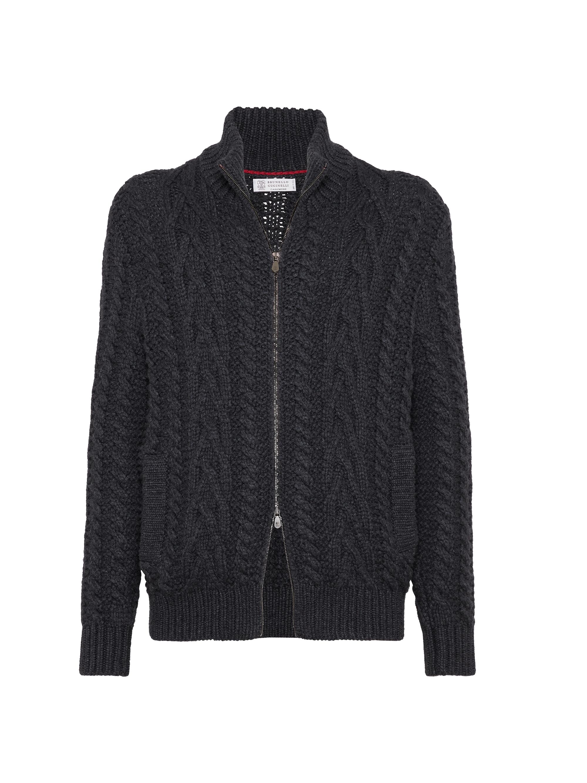 Brunello Cucinelli Men's Cashmere Irish Cable Turtleneck Cardigan - Anthracite