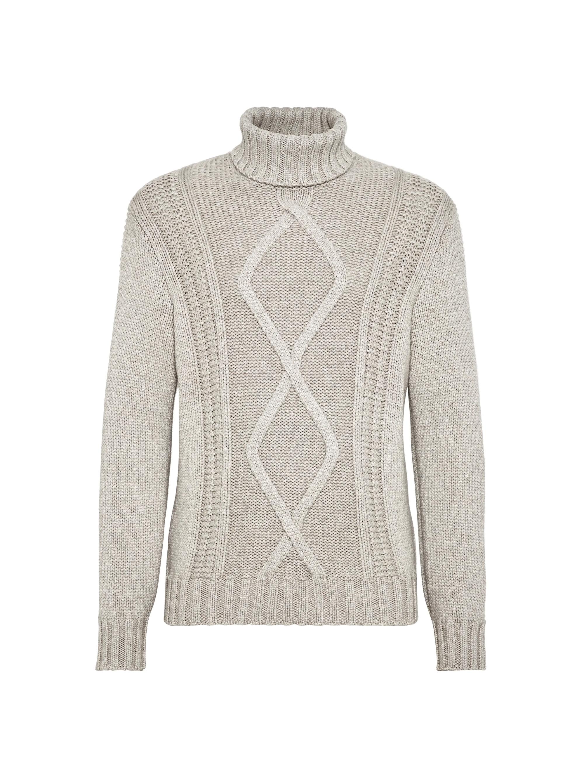 Brunello Cucinelli Men's Irish Cable Turtleneck Sweater in Cashmere Feather Yarn - Stone Grey