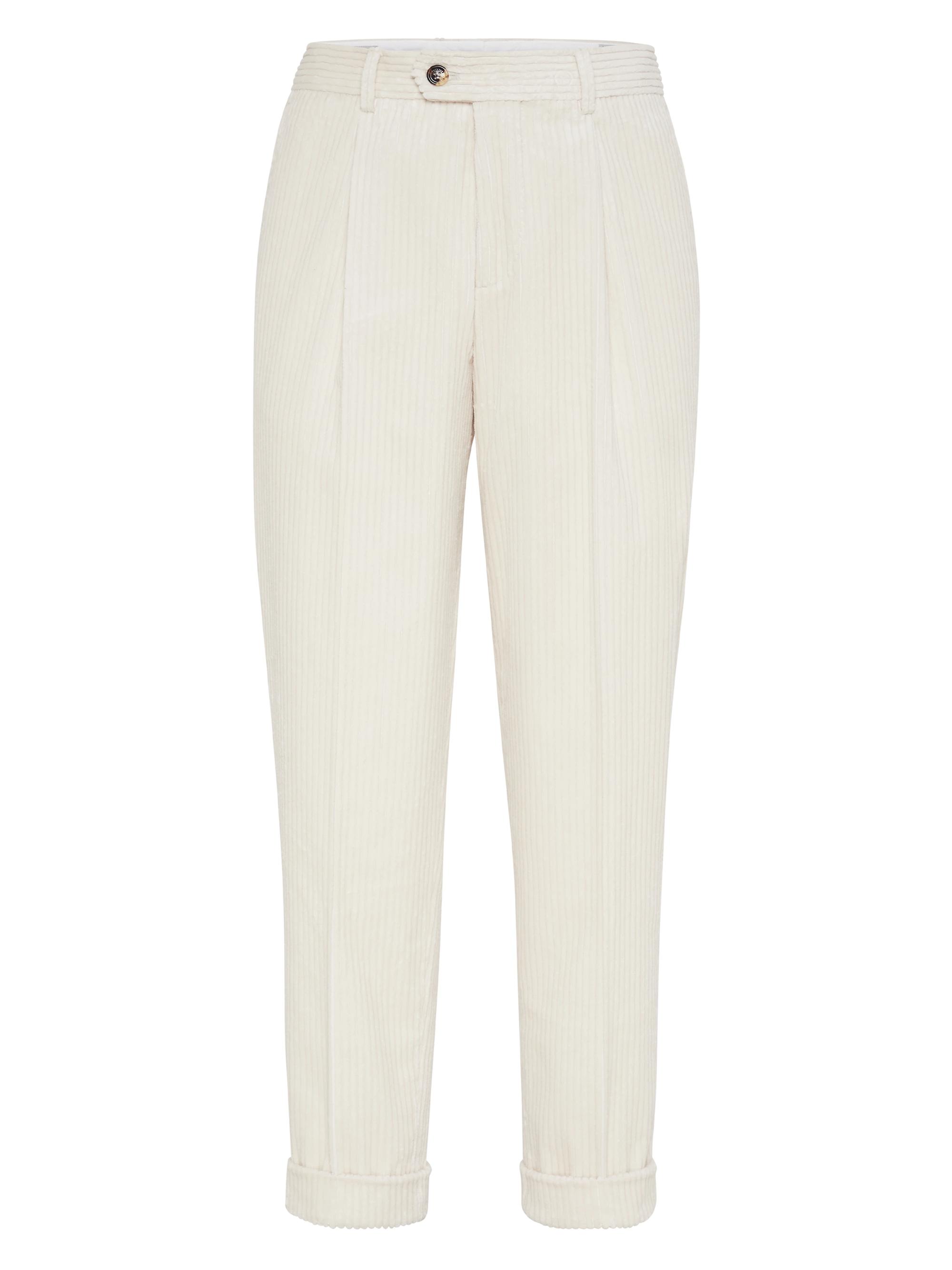 Brunello Cucinelli Men's Cotton Wide Wale Corduroy Leisure Fit Trousers with Pleats - Milk