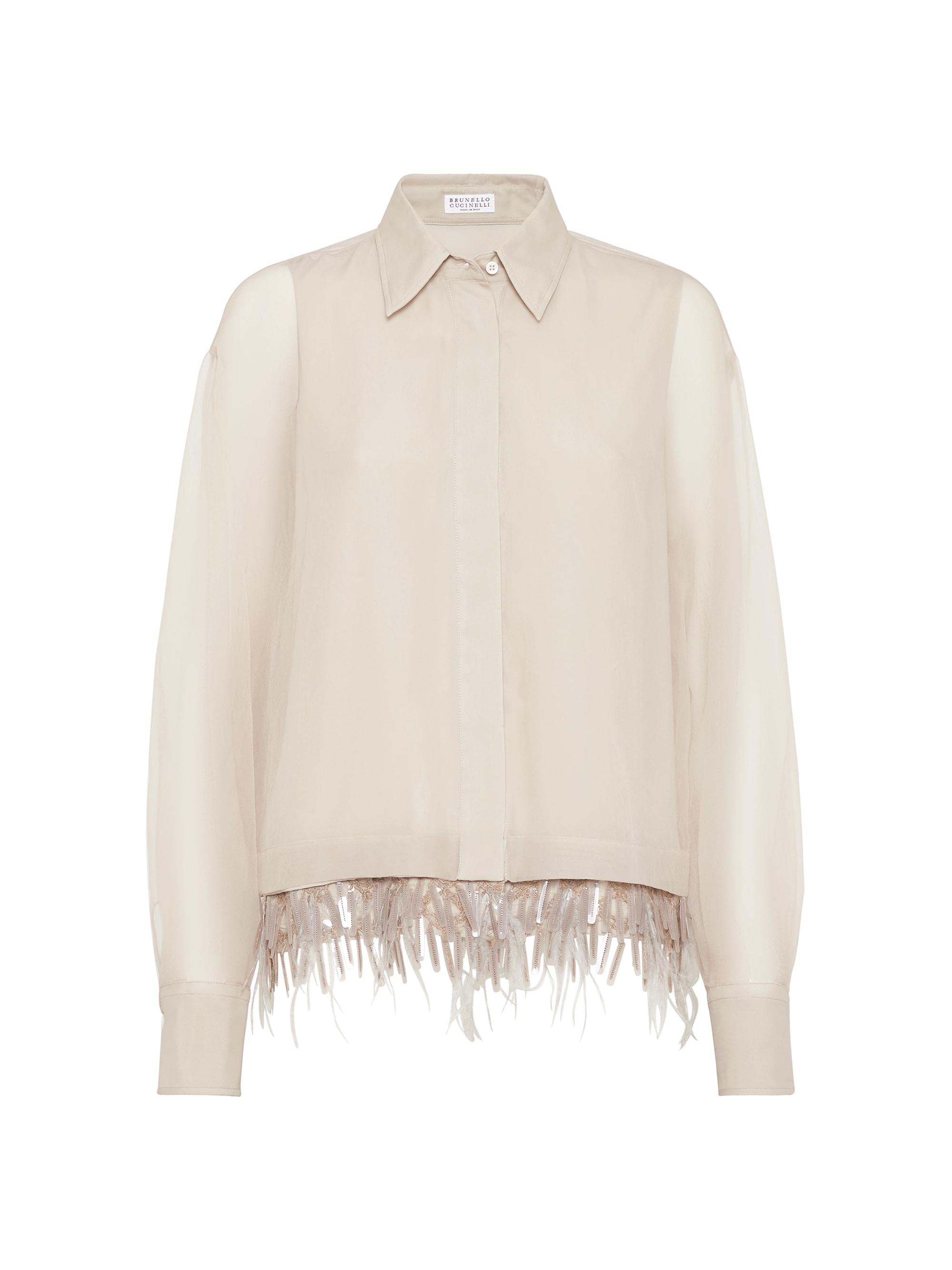 Brunello Cucinelli Women's Crispy Silk Shirt with Detachable Dazzling Cascade Embroidery Insert - Sand