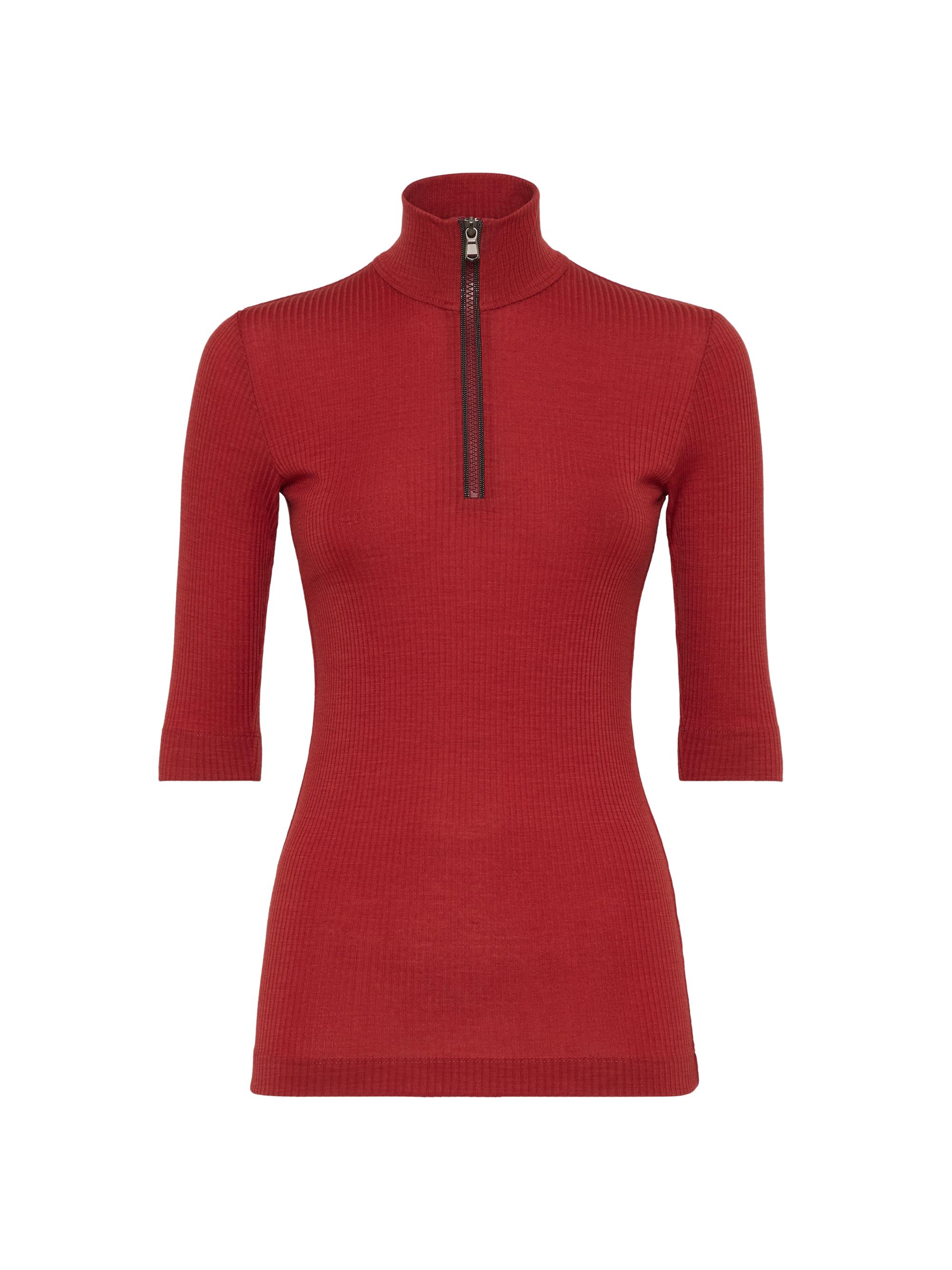 Brunello Cucinelli Women's Ribbed Wool Jersey Turtleneck T-Shirt - Red