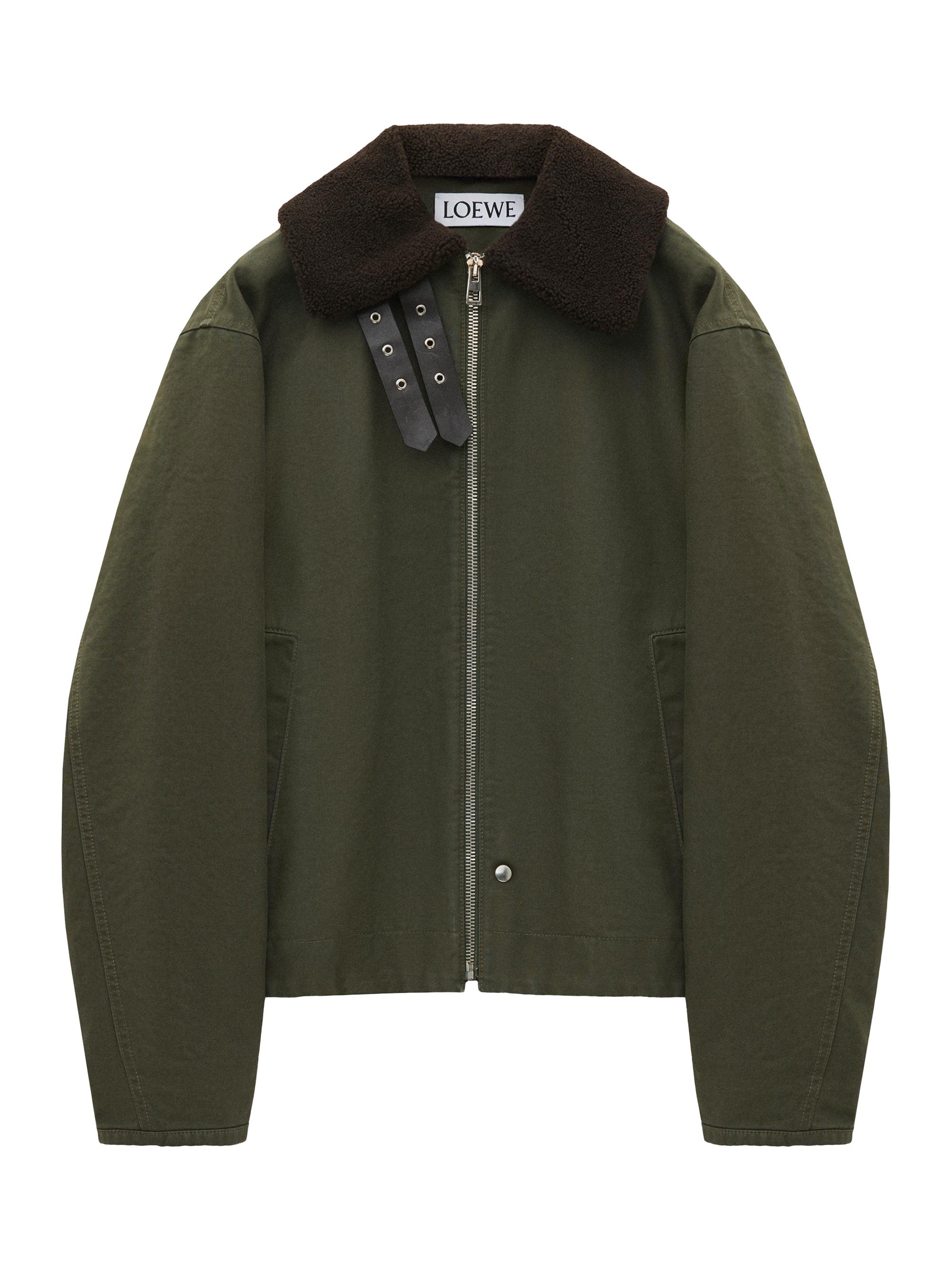 LOEWE Men's Canvas Shearling-Collar Jacket - Khaki Green