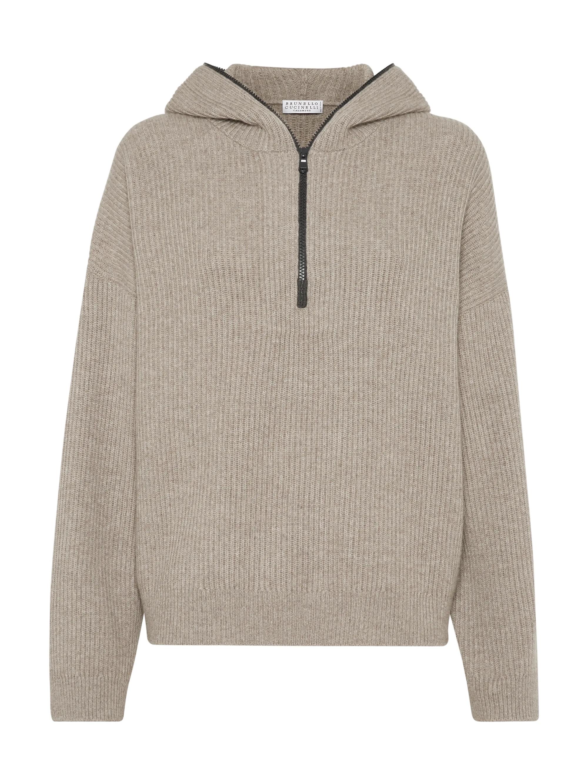 Brunello Cucinelli Women's Cashmere English Rib Knit Hooded Sweater - Cool Beige