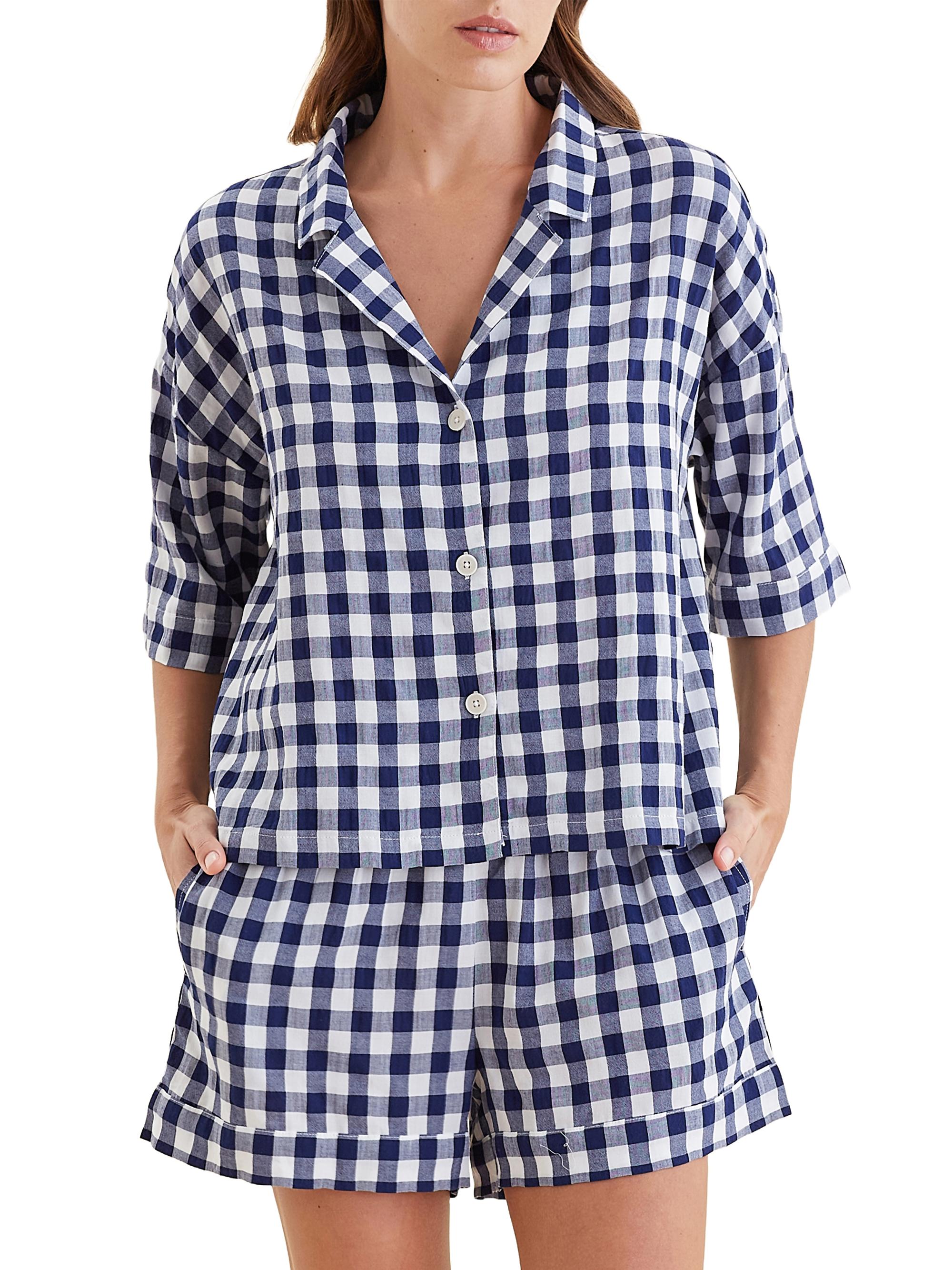 Papinelle Women's Seersucker Gingham Boxer Pajamas - Navy White