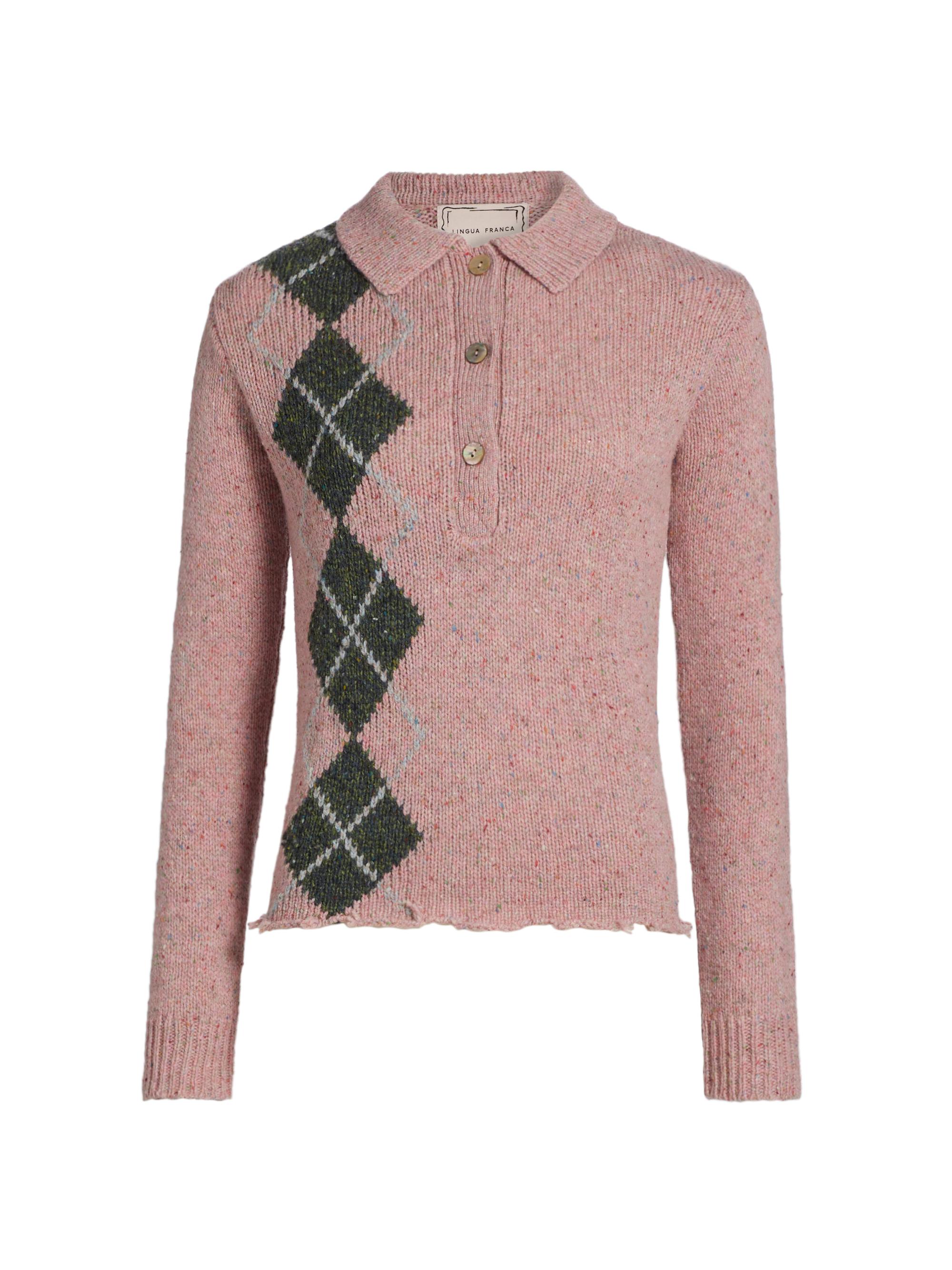 Lingua Franca Women's Lee Wool-Blend Tweed Argyle Polo Sweater - Rose Garden