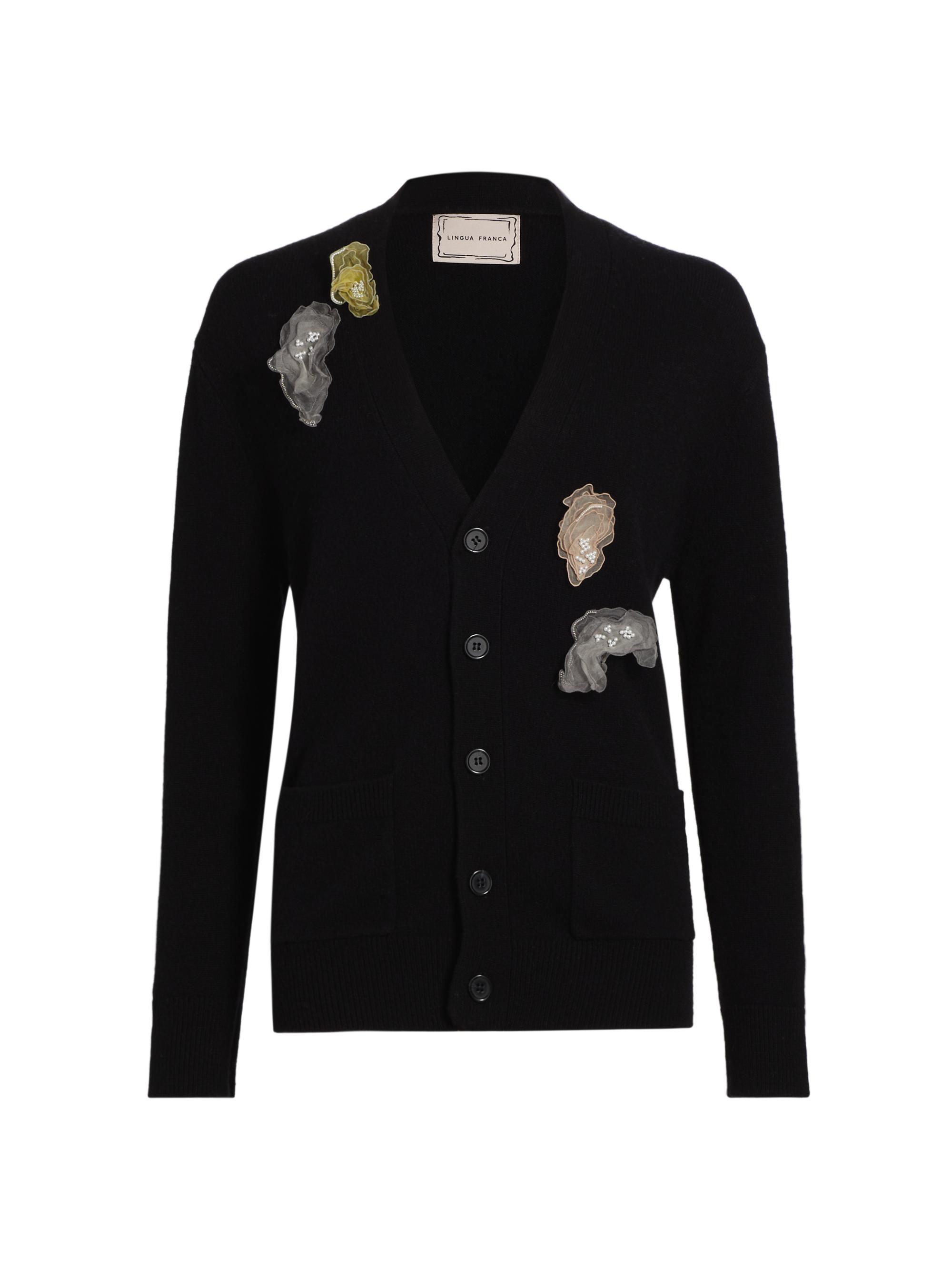 Lingua Franca Women's Wire Oyster Appliqué Cashmere Cardigan - Black