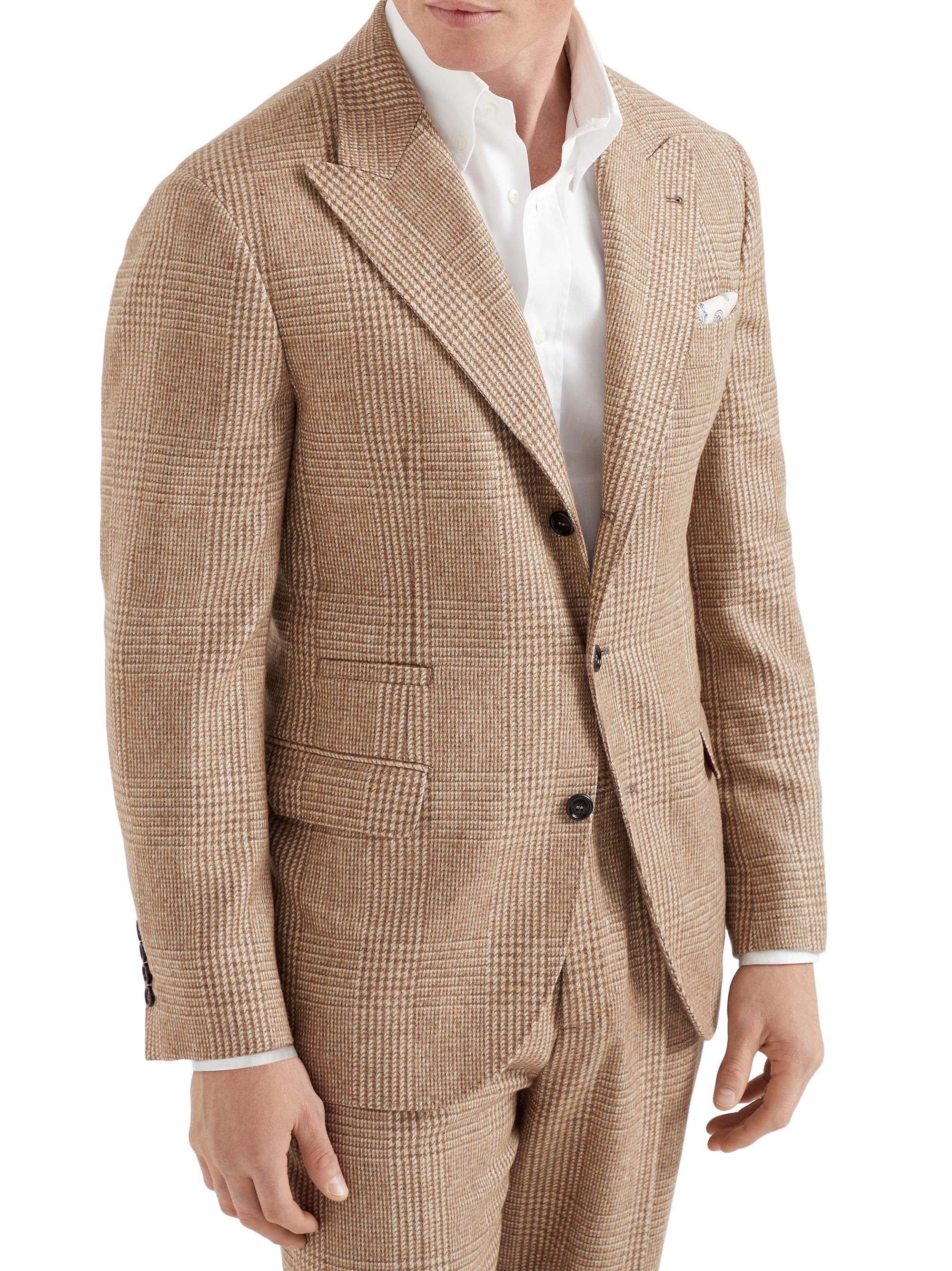 Brunello Cucinelli Men's Prince of Wales Deconstructed Blazer with Large Peak Lapels - Brown