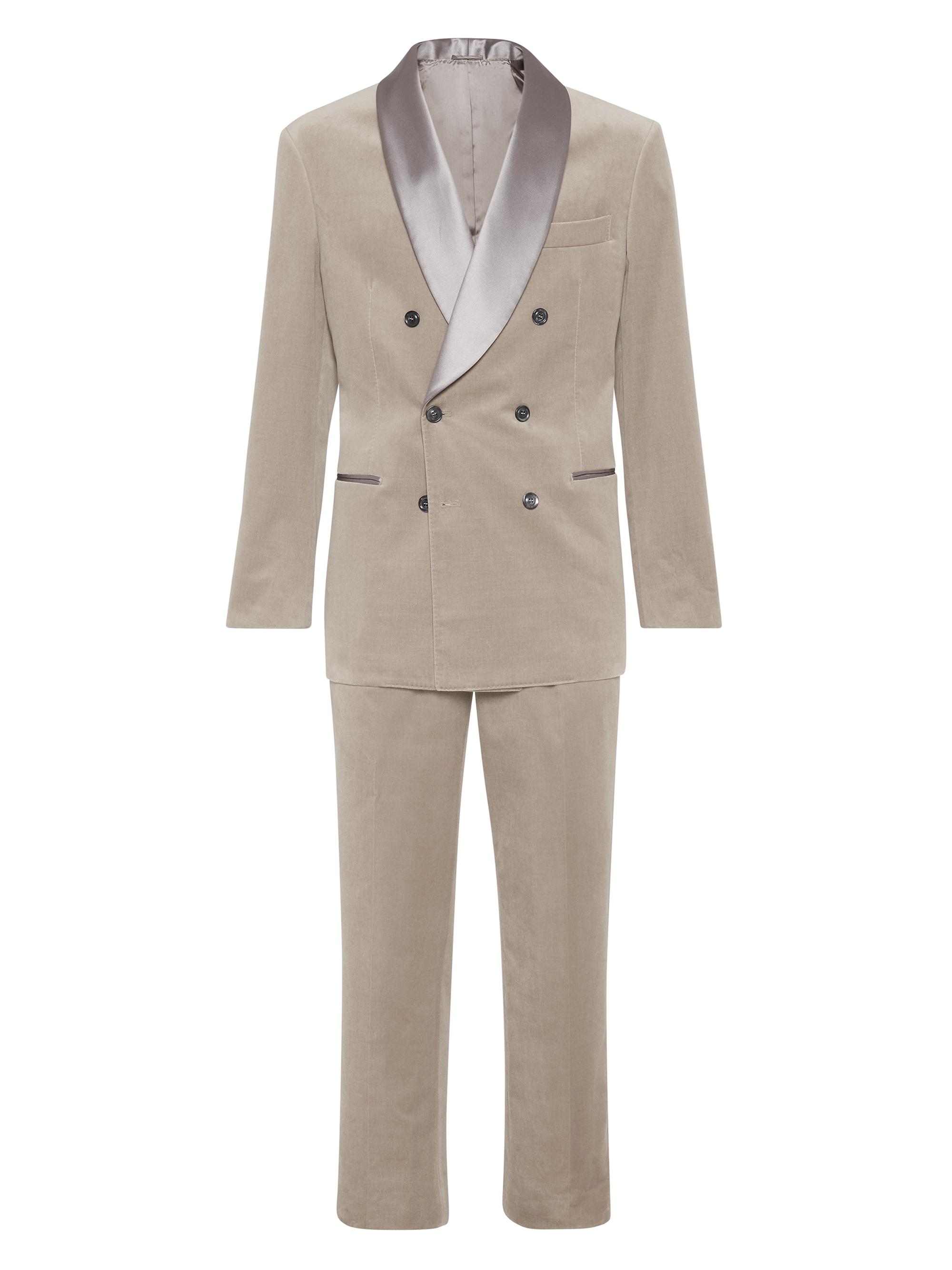 Brunello Cucinelli Men's Cotton Velvet Tuxedo with One and a Half Breasted Shawl Lapel Jacket - Sand