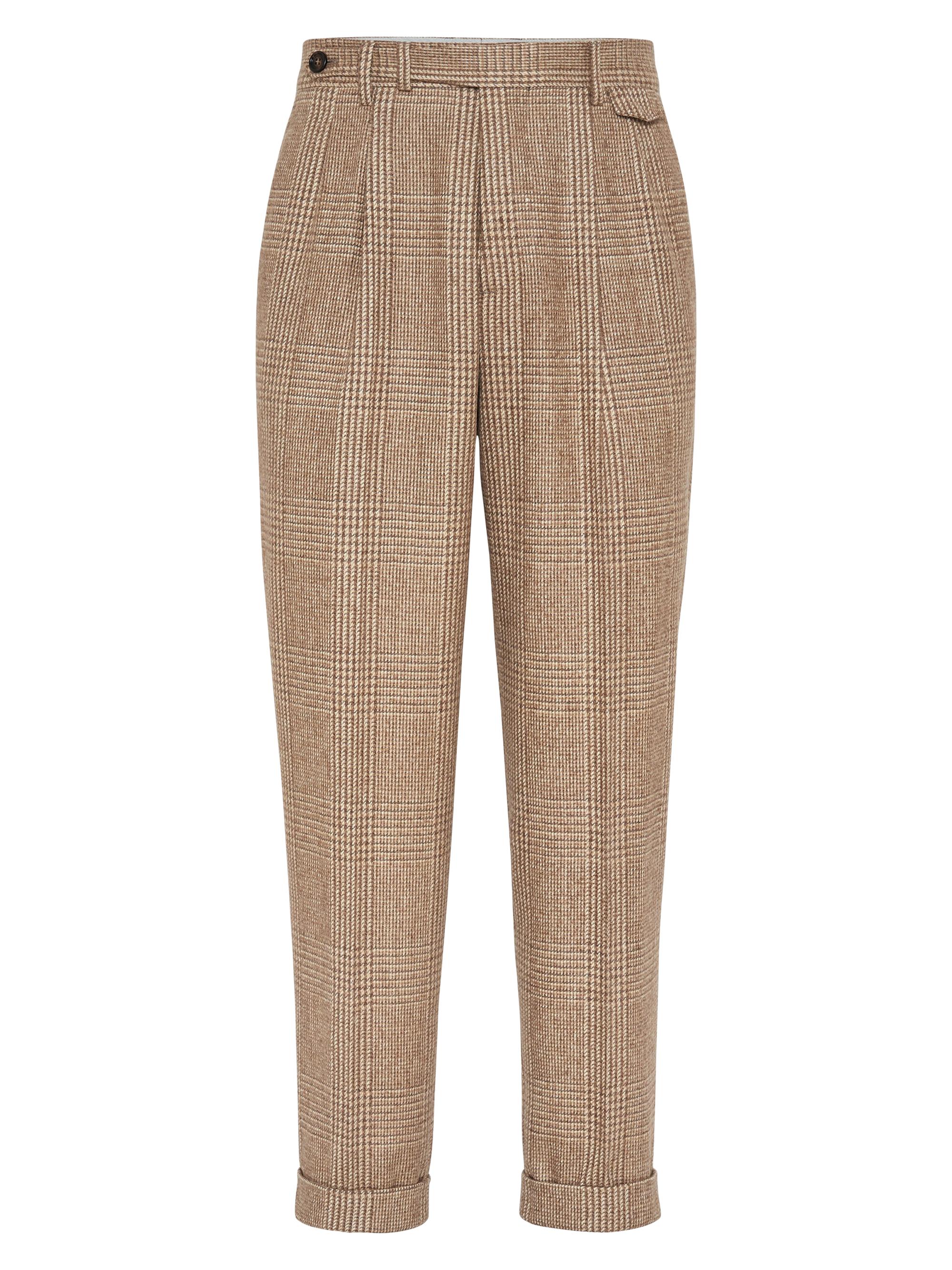 Brunello Cucinelli Men's Prince of Wales Leisure Fit Trousers with Double Pleats - Brown