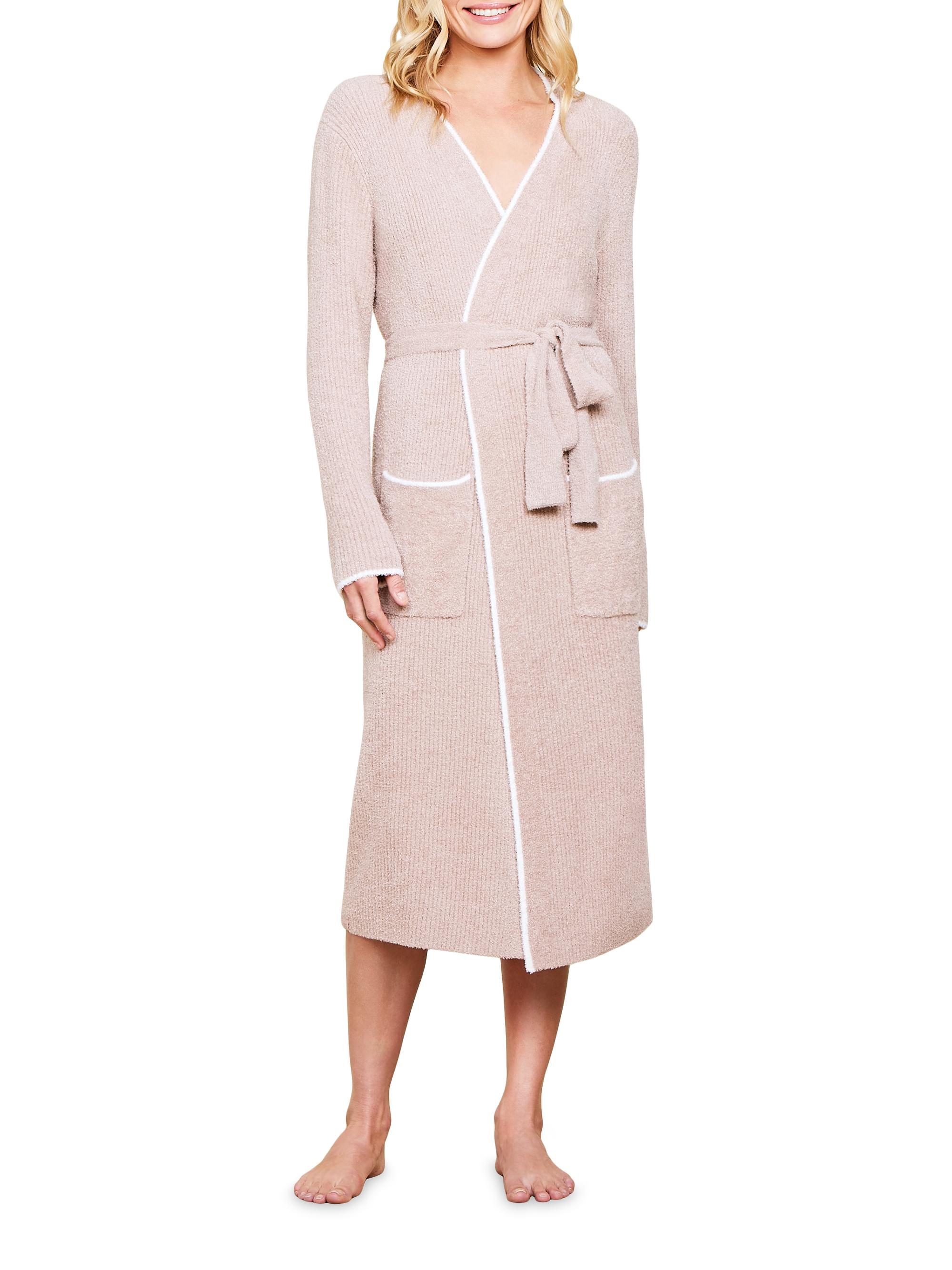Barefoot Dreams Women's Cozychic Lite Contrast-Trimmed Rib-Knit Robe - Willow Pearl