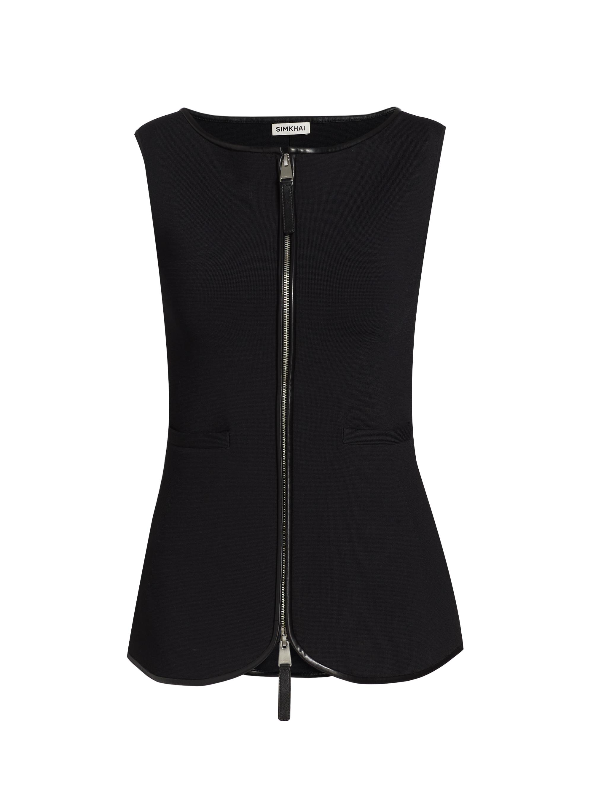 SIMKHAI Women's Ren Faux Leather-Trimmed Knit Zip-Front Top - Black