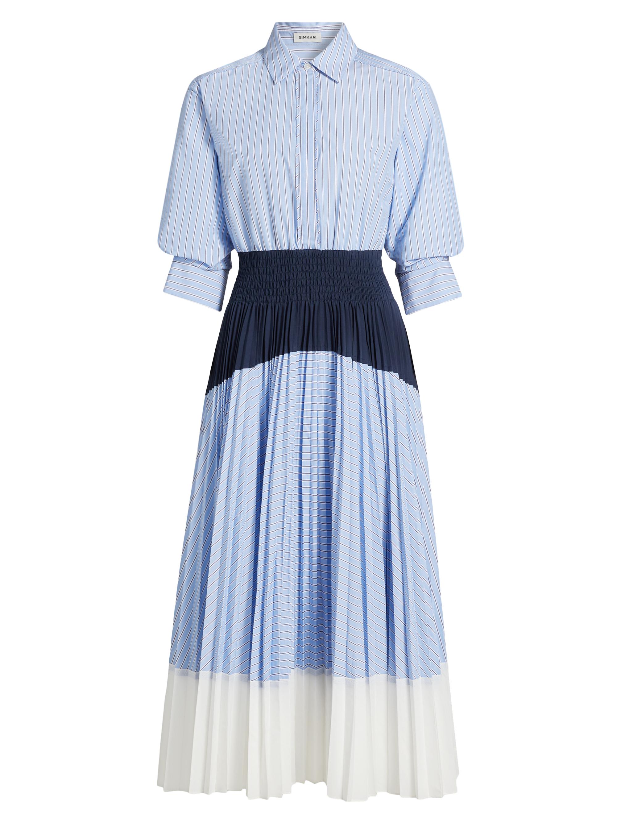 SIMKHAI Women's Jenella Pleated Colorblocked Midi Dress - Harbor Blue Stripe