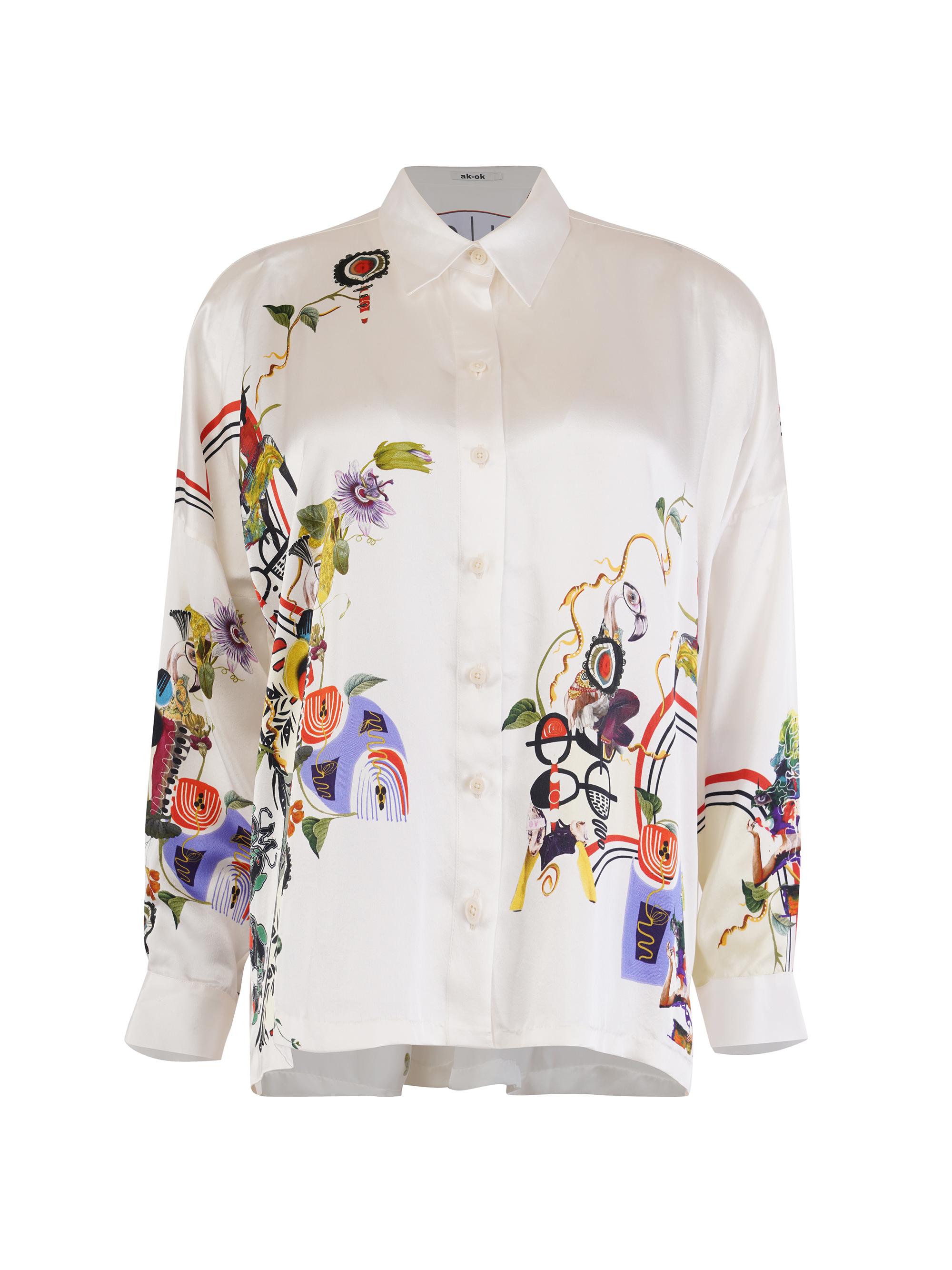 AKOK Anamika Khanna Women's Printed Silk Oversized Shirt - White