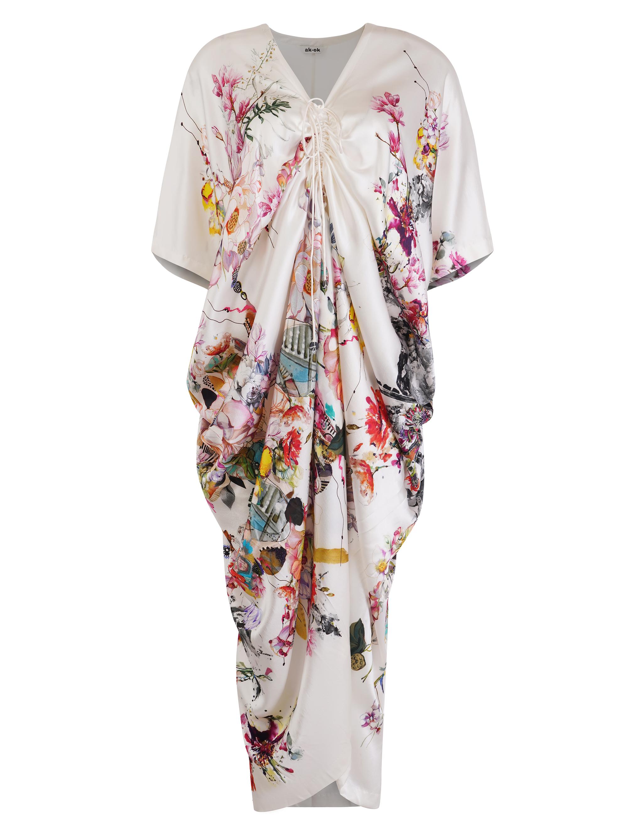 AKOK Anamika Khanna Women's Floral Silk Drawstring Caftan - White