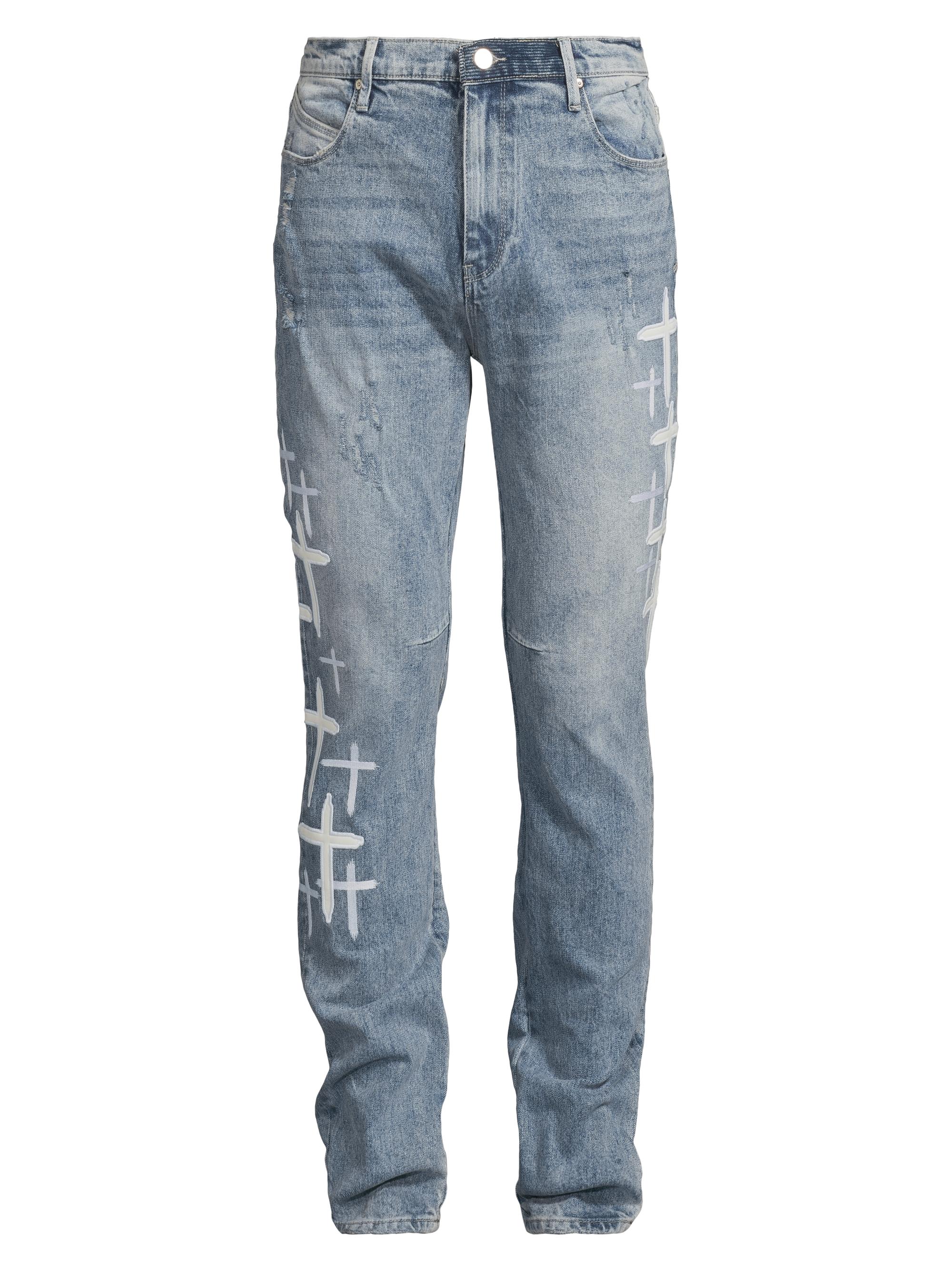 RTA Men's Red Light District Bryant Cross Patches Skinny Jeans - Blue Cross Patches