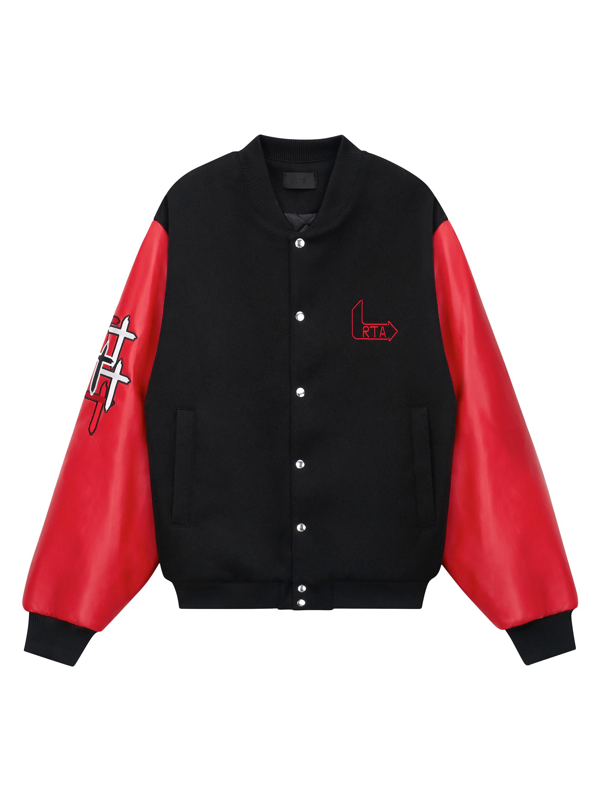 RTA Men's Marty Flame Logo Varsity Jacket - Black Red Flame Logo